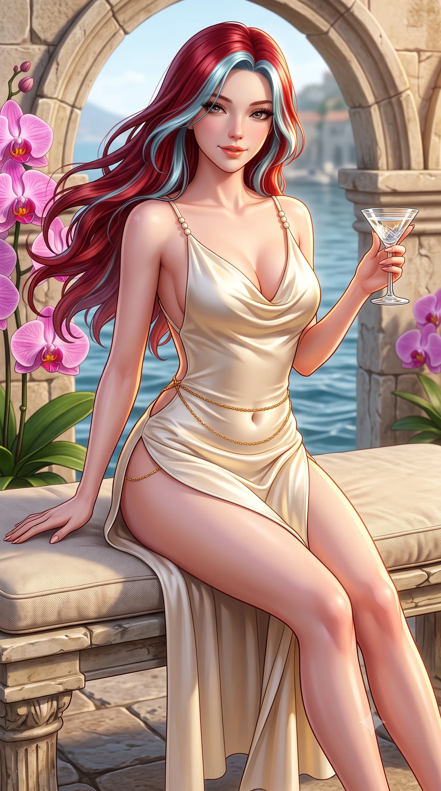 score_9, masterpiece, best quality, ultra-detailed, high-budget anime keyframe, semi-realistic 3D game render, editorial fashion photography, tasteful artistic composition, Caucasian woman. close-up cowboy shot from the waist and thighs up, the character dominates the composition, filling the frame with her large presence. turning slowly with an enchanting smoldering smile, her glossy hair tossing in the breeze as her hips angle gracefully in a captivating contrapposto while sitting perched on the cushioned stone bench with legs extended, holding a crystal cocktail glass with dangerous high-fashion cool. The surrounding environment is rendered in vivid detail and crisp panoramic clarity: sharp orchid petal textures, weathered limestone arch joints, and harbor water ripple clarity in deep focus. She has an exceptionally elegant, slender, and willowy female figure with an ultra-slim waist, flat toned midriff, narrow ribcage, and sculpted feminine hips creating an alluring, slim hourglass silhouette without bulk. sharp v-shaped jawline, high-bridge nose, sparkling eyes with hypnotic seductive depth, thick curled eyelashes, glossy parted lips with a natural dewy peach sheen, alluring bedroom-eyes with an enchanting coquettish smile, exuding magnetic siren charisma and sophisticated glamour, flawlessly proportioned anatomical accuracy, strict slender model proportions, natural body alignment, perfectly sculpted long slender limbs, ultra-slim waistline, clean dynamic posture without body distortion. wearing a plunging cowl-neck liquid silk satin sarong slip dress with daring hip-high double slits and pearl shoulder straps in pure alabaster with golden sheen, woven from buttery-soft stretch lambskin leather adhering to her body like a second skin, accented with a dainty gold belly chain resting across her flat midriff and curving hips, the precision-cut side openings and low-back scoop framing her graceful spine and the sensual sweep of her slim, toned hips. illuminated by terrace flagstone reflection fill and sharp golden-amber rim lights sculpting her razor-sharp jawline, narrow waist, and curvy hips. highly saturated vibrant anime colors, detailed shading with soft gradients, rich glossy textures, high-contrast stereoscopic depth, volumetric dynamic lighting, master piece, 9:16 ratio
