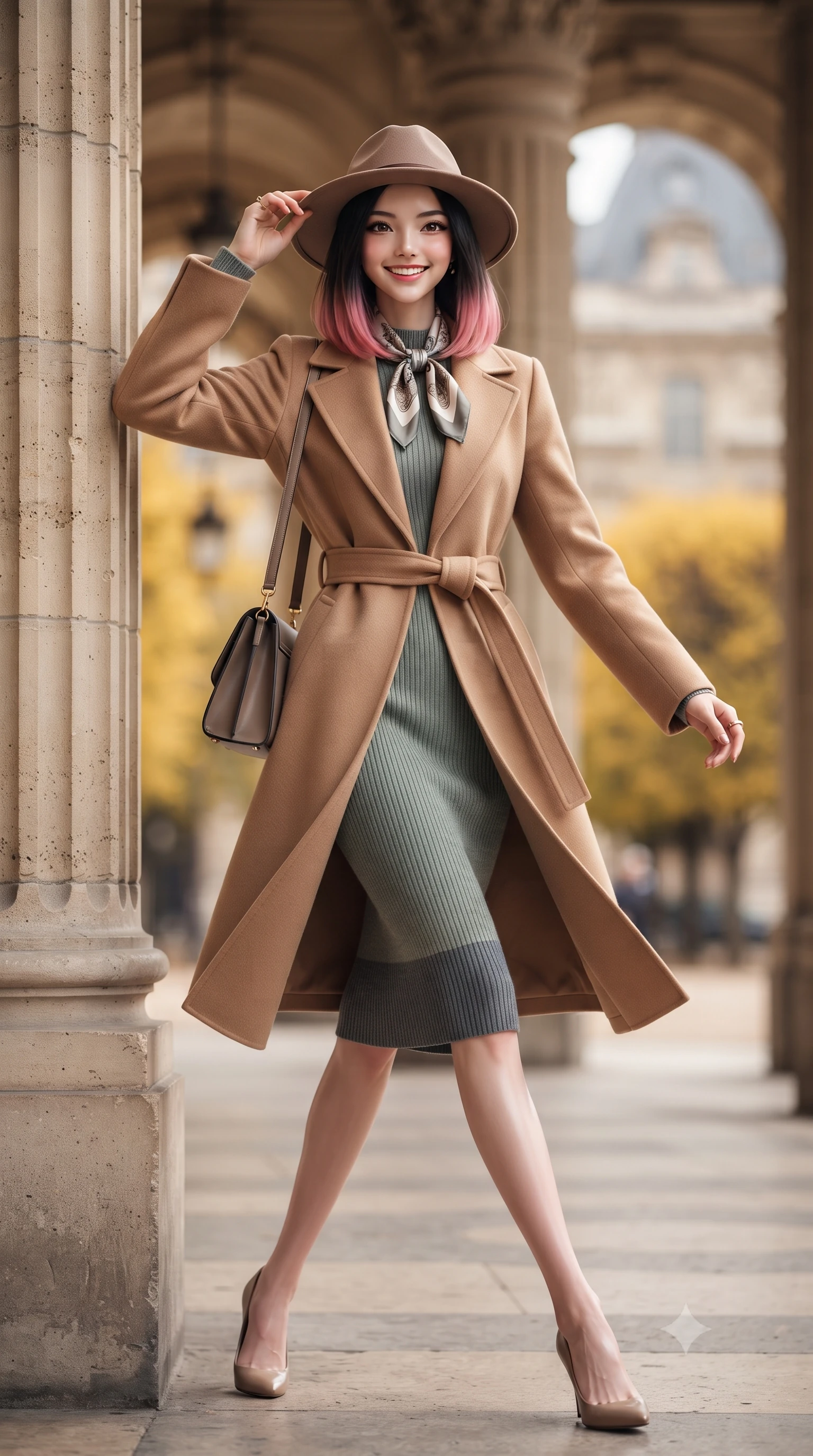 score_9, masterpiece, best quality, ultra-detailed, high-budget anime keyframe, editorial fashion photography, tasteful artistic composition, Korean woman. low angle full-body shot from head to toe showing her feet, filling the entire 9:16 vertical frame with her statuesque presence, stretching her vertical silhouette. walking briskly with tall supermodel strides, one hand holding her leather bag and the other swinging with energetic charm while leaning poised against a fluted neoclassical stone pillar, one hand touching the brim of her felt fedora with timeless poise. The background shows a soft-focus receding rows of stone arches, golden clipped linden tree alleys, and historic palace facades blurred into sandstone, marigold, and sky grey bokeh. She has an exceptionally tall and slender model-like 8.5-heads proportion, an ultra-slim waist, a flat toned midriff, narrow delicate ribcage, and beautifully sculpted feminine hips creating a graceful, slim hourglass silhouette without any bulky heaviness, with impossibly long slender legs. sharp v-shaped jawline, high-bridge nose, intricate jewel-like sparkling eyes with depth, thick eyelashes, glossy parted lips with a natural peach sheen, bright cheerful beaming smile with an enchanting and coquettish sensual glint, exuding both youthful cute charm and seductive allure, flawlessly proportioned anatomical accuracy, strict slender model proportions, natural body alignment, perfectly sculpted long slender limbs, ultra-slim waistline, clean dynamic posture without body distortion. wearing a tailored belted cashmere wrap coat in warm camel layered over a fine ribbed knit midi dress in misty Arashiyama bamboo green and slate grey, woven from fine Australian merino wool with a smooth fluid drape and subtle sheen, finished with a printed silk twilly scarf knotted gracefully around her neck, the precision-cut high-waisted tailoring accentuating her ultra-slim waist and long slender leg line with immaculate aristocratic poise. bathed in rhythmic alternating pools of bright autumn afternoon sun and soft shaded stone arcade ambient light. ultra-reflective glossy finish, specular highlights, rich textural contrasts, high-contrast stereoscopic depth, volumetric dynamic lighting, 2k, ultra detail, master piece, 9:16 ratio