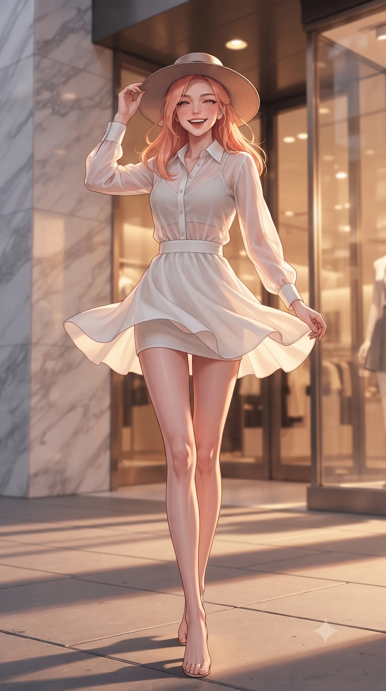 score_9, masterpiece, best quality, ultra-detailed, high-budget anime keyframe, editorial fashion photography, tasteful artistic composition, Japanese woman. low angle full-body shot from head to toe showing her feet, filling the entire 9:16 vertical frame with her statuesque presence, stretching her vertical silhouette. twirling around with a playful, sensual laugh, her dress fluttering elegantly to accent her waistline set against a soft-focus background of near a chic department store entrance with marble walls and glass displays adjusting her stylish hat with a bright, confident smile. She has an absolutely perfect, statuesque 8.5-heads proportion, an exceptionally tall and slender model-like female figure with impossibly long slender legs and an ultra-slim waist. sharp v-shaped jawline, high-bridge nose, intricate jewel-like eyes with depth, thick eyelashes, glossy lips with a natural sheen. wearing tailored sheer chiffon button-up shirt in white, worn over a slim-fit knit bralette and a mini skirt. golden hour sunset light casting long shadow lines on the concrete pavement. ultra-reflective glossy finish, specular highlights, metallic sheen, high-contrast stereoscopic depth, volumetric dynamic lighting, 2k, ultra detail, master piece, 9:16 ratio