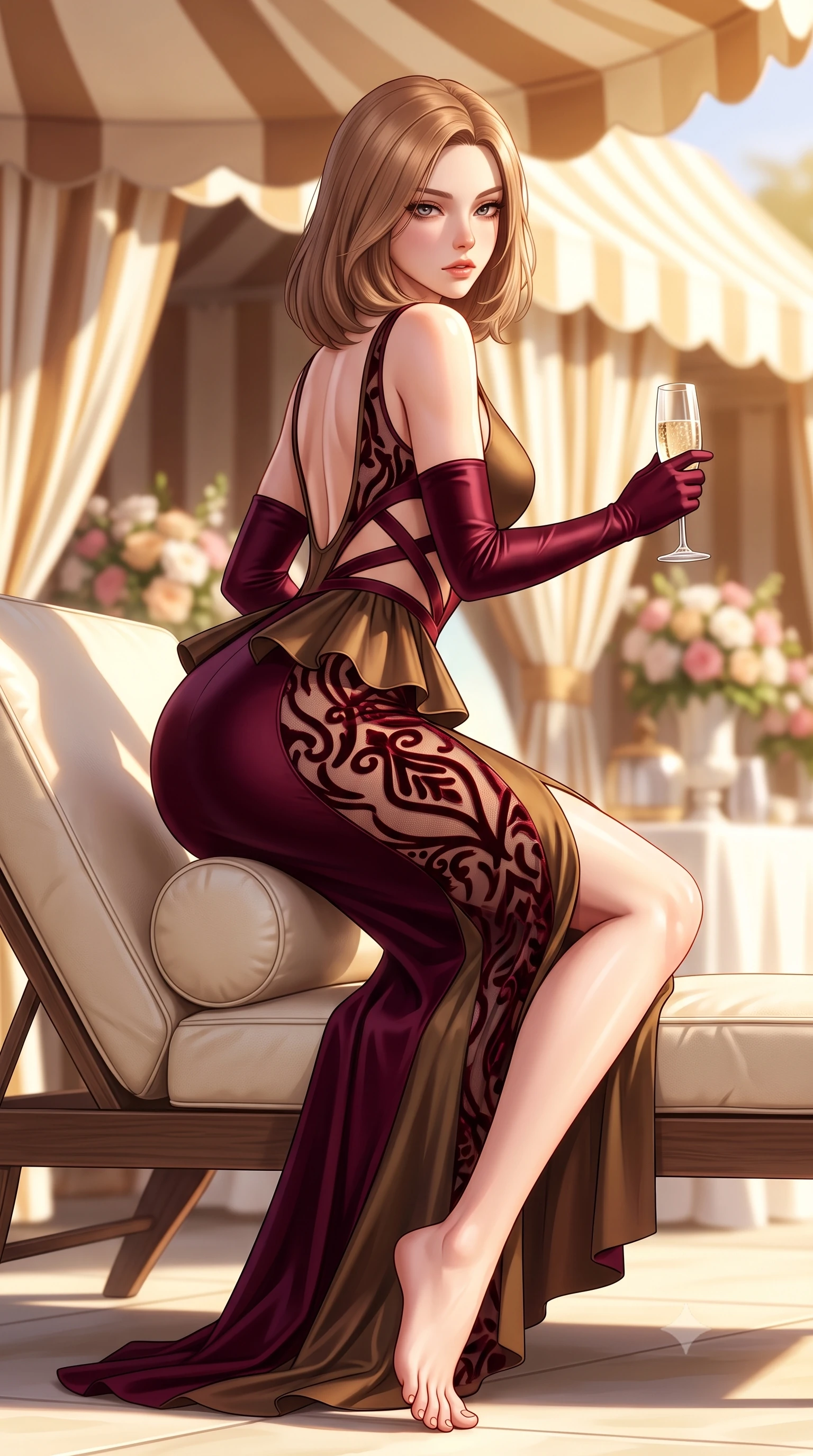 score_9, masterpiece, best quality, ultra-detailed, high-budget anime keyframe, semi-realistic 3D game render, editorial fashion photography, tasteful artistic composition, Korean woman. low angle full-body shot from head to toe showing her feet, filling the entire 9:16 vertical frame with her statuesque presence, stretching her vertical silhouette. reclining on her side in an elegant Cleopatra pose with one knee drawn up, the dramatic contour of her rounded hips and long slender legs commanding the 9:16 vertical frame while perching on the armrest of a plush cream leather lawn lounger with legs crossed, arching her lower back while holding a crystal champagne flute. The composition keeps background elements in soft focus with creamy bokeh. striped marquee canvas awnings and floral pavilion displays softened in bright glamorous shallow focus. She has an exceptionally tall and slender model-like 8.5-heads proportion, an ultra-slim waist, a flat toned midriff, narrow delicate ribcage, and beautifully sculpted feminine hips creating a graceful, slim hourglass silhouette without any bulky heaviness, with impossibly long slender legs. sharp v-shaped jawline, high-bridge nose, intricate jewel-like eyes with depth, thick eyelashes, glossy parted lips with a natural sheen, intensely captivating and seductive bedroom-eyes expression, flawlessly proportioned anatomical accuracy, strict slender model proportions, natural body alignment, perfectly sculpted long slender limbs, ultra-slim waistline, clean dynamic posture without body distortion. wearing a structural geometric peplum gown with sheer side-ribbon cutouts and form-fitting skirt in deep wine burgundy and antique bronze, made of sheer contouring power-mesh with velvet flocking patterns, accessorized with opera-length satin gloves and a vintage crystal glass, the precision-cut side openings and low-back scoop framing her graceful spine and the sensual sweep of her slim, toned hips. bathed in glorious golden-hour afternoon sunlight and warm white marquee bounce fill. highly saturated vibrant anime colors, detailed shading with soft gradients, rich glossy textures, high-contrast stereoscopic depth, volumetric dynamic lighting, master piece, 9:16 ratio