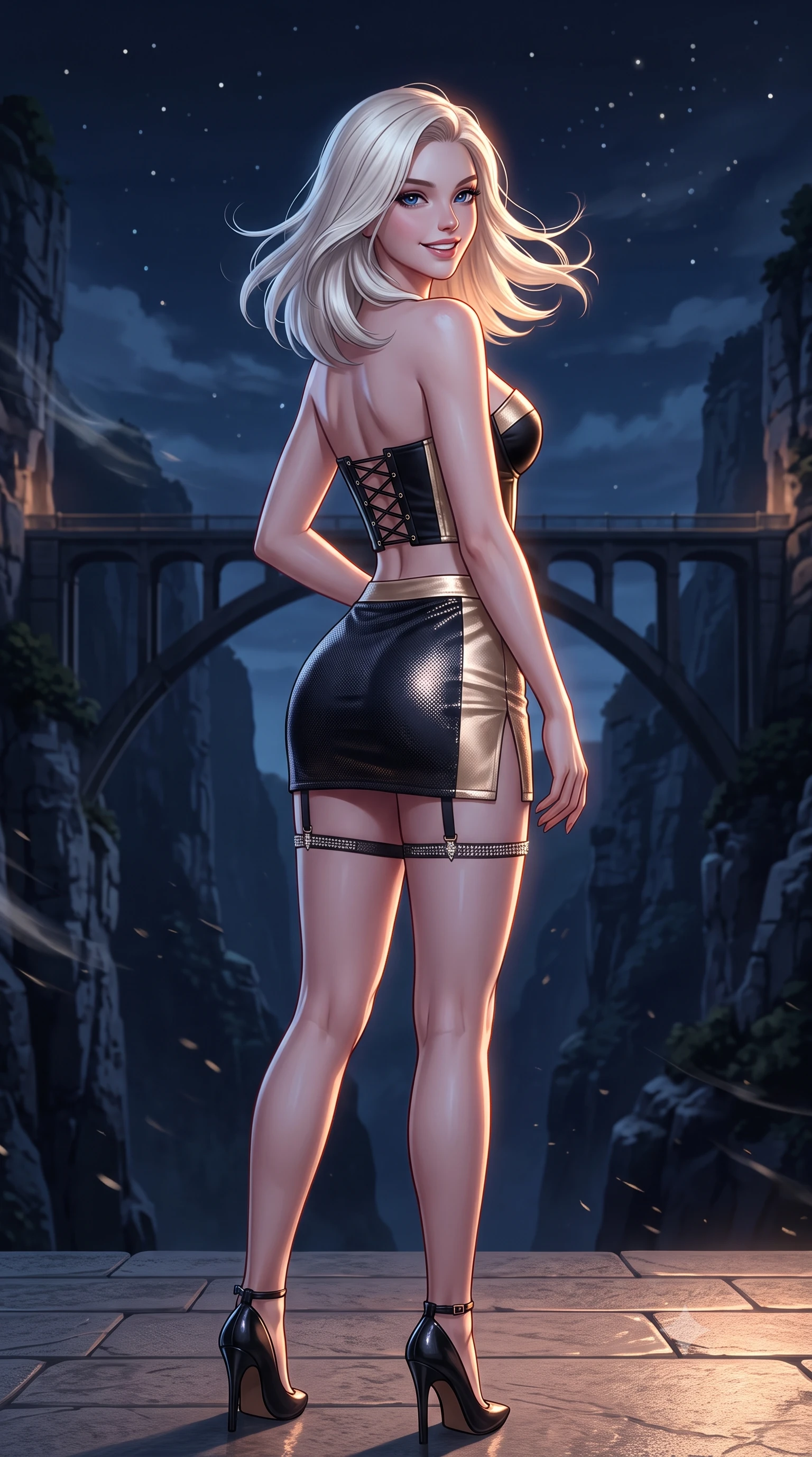 score_9, masterpiece, best quality, ultra-detailed, high-budget anime keyframe, semi-realistic 3D game render, editorial fashion photography, tasteful artistic composition, Caucasian woman. close-up cowboy shot from the waist and thighs up, the character dominates the composition, filling the frame with her large presence. posing in an alluring rear three-quarter angle, looking over a bare shoulder with parted glossy lips, her hips cocked back to highlight her slim hourglass curve while standing poised on the cantilevered stone terrace at the dizzying edge of the vertical 120-meter limestone gorge, arching her lower back as nocturnal mountain winds whip around her silhouette. The surrounding environment is rendered in vivid detail and crisp panoramic clarity: detailed garment cut, bodycon fit, and breathtaking gorge engineering in high resolution. She has an exceptionally elegant, slender, and willowy female figure with an ultra-slim waist, flat toned midriff, narrow ribcage, and sculpted feminine hips creating an alluring, slim hourglass silhouette without bulk. sharp v-shaped jawline, high-bridge nose, intricate jewel-like sparkling eyes with depth, thick eyelashes, glossy parted lips with a natural peach sheen, bright cheerful beaming smile with an enchanting and coquettish sensual glint, exuding both youthful cute charm and seductive allure, flawlessly proportioned anatomical accuracy, strict slender model proportions, natural body alignment, perfectly sculpted long slender limbs, ultra-slim waistline, clean dynamic posture without body distortion. wearing a sculpted satin underwire crop bustier with lace-up side ties paired with a micro skirt in deep midnight obsidian black and champagne gold, crafted from stretch micro-mesh with liquid foil coating that shimmers with every movement, finished with delicate crystal-encrusted thigh garter straps glinting in the dim light, the impeccably tailored cut draping gracefully along her slender figure with aristocratic poise. illuminated by stone deck bounce and sharp copper-gold rim lights sculpting her jawline, narrow waist, and curvy hips. highly saturated vibrant anime colors, detailed shading with soft gradients, rich glossy textures, high-contrast stereoscopic depth, volumetric dynamic lighting, master piece, 9:16 ratio