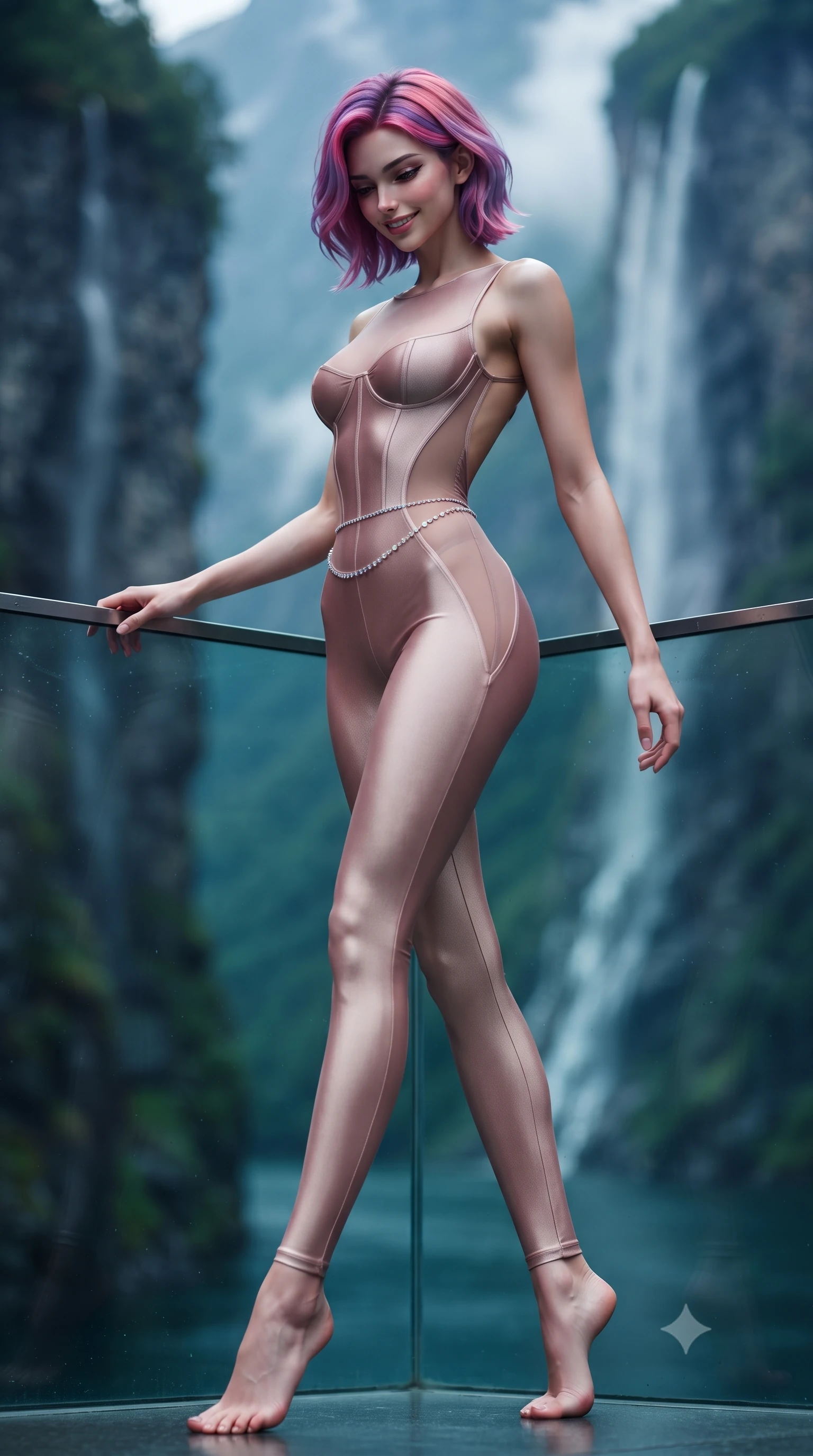 score_9, masterpiece, best quality, ultra-detailed, high-budget anime keyframe, semi-realistic 3D game render, editorial fashion photography, tasteful artistic composition, Caucasian woman. low angle full-body shot from head to toe showing her feet, filling the entire 9:16 vertical frame with her statuesque presence, stretching her vertical silhouette. striding forward in a proud supermodel runway stride, hips swaying in an alluring kinetic rhythm that accentuates her curvy hourglass silhouette while leaning against the frameless structural glass balustrade with hips cocked, looking down at passing cruise ships with a sovereign smile. The composition keeps background elements in soft focus with creamy bokeh. sheer vertical fjord rock walls and cascading waterfalls blurred into deep cobalt, emerald, and misty white bokeh. She has an exceptionally tall and slender model-like 8.5-heads proportion, an ultra-slim waist, a flat toned midriff, narrow delicate ribcage, and beautifully sculpted feminine hips creating a graceful, slim hourglass silhouette without any bulky heaviness, with impossibly long slender legs. sharp v-shaped jawline, high-bridge nose, intricate jewel-like eyes with depth, thick eyelashes, glossy parted lips with a natural sheen, intensely captivating and seductive bedroom-eyes expression, flawlessly proportioned anatomical accuracy, strict slender model proportions, natural body alignment, perfectly sculpted long slender limbs, ultra-slim waistline, clean dynamic posture without body distortion. wearing a second-skin compression catsuit with an open back and sheer mesh side waist contouring in dusky blush rose and champagne shimmer, made of fluid silk crepe with delicate inner corsetry boning, accented with a dainty diamond waist chain catching the ambient light reflections, the form-contouring material adhering flawlessly to her sculpted flat midriff and slender torso, emphasizing her long leg lines and perfectly proportioned willowy build. illuminated by crisp northern fjord ambient light contouring her razor-sharp jawline, narrow waist, and curvy hips. highly saturated vibrant anime colors, detailed shading with soft gradients, rich glossy textures, high-contrast stereoscopic depth, volumetric dynamic lighting, master piece, 9:16 ratio