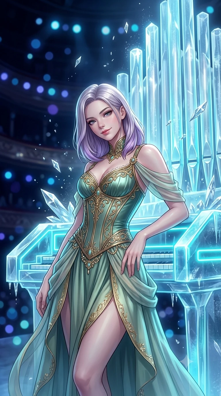 score_9, masterpiece, best quality, ultra-detailed, high-budget anime keyframe, semi-realistic 3D game render, editorial fashion photography, tasteful artistic composition, Caucasian woman. close-up cowboy shot from the waist and thighs up, the character dominates the composition, filling the frame with her large presence. tilting her head with a teasing half-smile, running one hand slowly down the side of her hip in a flirtatious S-curve as ambient light caresses her silhouette while leaning against the crystalline ice organ console with hips cocked back, gazing out across the frost-dusted auditorium with smoldering bedroom-eyes. The background shows a soft-focus towering translucent ice organ pipes glowing with pulsing cyan neon, fluttering silver specular ice crystals, and velvet opera stalls blurred into cyan, silver, and indigo bokeh. She has an exceptionally elegant, slender, and willowy female figure with an ultra-slim waist, flat toned midriff, narrow ribcage, and sculpted feminine hips creating an alluring, slim hourglass silhouette without bulk. sharp v-shaped jawline, high-bridge nose, intricate jewel-like sparkling eyes with depth, thick eyelashes, glossy parted lips with a natural peach sheen, bright cheerful beaming smile with an enchanting and coquettish sensual glint, exuding both youthful cute charm and seductive allure, flawlessly proportioned anatomical accuracy, strict slender model proportions, natural body alignment, perfectly sculpted long slender limbs, ultra-slim waistline, clean dynamic posture without body distortion. wearing a provocative translucent mesh corset bodice with boned satin channels paired with a sheer chiffon wrap skirt in celadon jade and antique gold-leaf, made of sheer gossamer chiffon that drapes softly against skin with airy translucence, complemented by strappy stiletto sandals with metallic ankle wraps accentuating her slender calves, the precision-cut side openings and low-back scoop framing her graceful spine and the sensual sweep of her slim, toned hips. bathed in high-contrast cyan neon aria pulses contrasted with deep velvety indigo stage shadows. highly saturated vibrant anime colors, detailed shading with soft gradients, rich glossy textures, high-contrast stereoscopic depth, volumetric dynamic lighting, master piece, 9:16 ratio