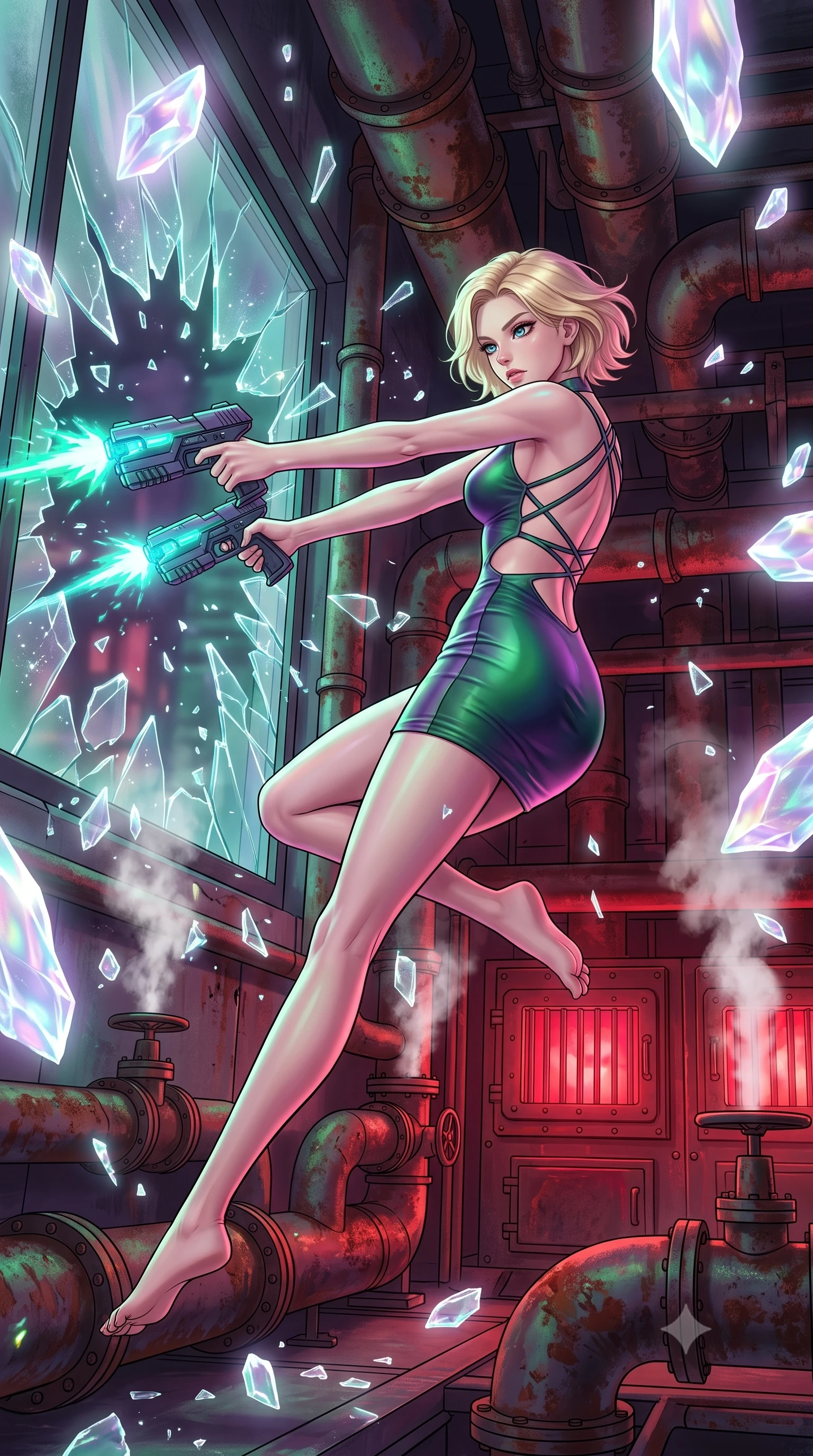 score_9, masterpiece, best quality, ultra-detailed, high-budget anime keyframe, editorial fashion photography, tasteful artistic composition, Caucasian woman, strictly human ears. low angle full-body shot from head to toe showing her feet, filling the entire 9:16 vertical frame with her statuesque presence, stretching her vertical silhouette. diving sideways through a breaking glass window while shooting her plasma blasters inside a room filled with giant rust-covered pipes, steam venting from valves and furnace doors glowing red in the background. She has a statuesque 8.5-heads proportion, an exceptionally tall, slender and willowy model-like build with impossibly long legs and a highly sculpted ultra-slim waist. sharp v-shaped jawline, high-bridge nose, intricate jewel-like eyes with depth, thick eyelashes, glossy lips with a natural sheen. wearing tailored for maximum mobility, sleek form-contouring panels that allow fluid movement, a form-contouring bodycon mini dress in an iridescent forest green and violet gradient, with a waist cutout and a strappy back. highly saturated vibrant anime colors, intense vivid color palette, soft 3D volumetric shading, volumetric dynamic lighting, ethereal pearlescent light emanating from floating crystalline formations all around. 2k, ultra detail, master piece, 9:16 ratio