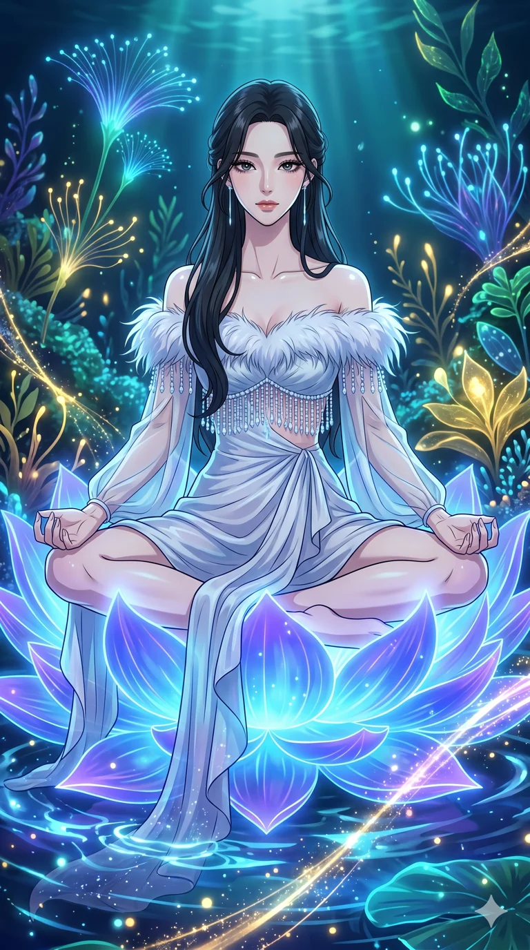 score_9, masterpiece, best quality, ultra-detailed, High-budget Anime Keyframe, vibrant colors, fluid line-art, expressive lighting, cinematic composition, Ufotable-style visual effects, top-tier animation quality, Korean woman with idol-like refined features. Upper body close-up from the thighs up, character filling the screen for maximum presence. Meditating atop a massive digital lotus blossom that floats on a pond of liquid light. She has an absolutely perfect 8-heads proportion, an exceptionally tall and slender female figure with impossibly long slender legs and an ultra-slim waist, her statuesque height and towering silhouette dominating the vertical 9:16 frame. Her face is a masterpiece featuring a sharp v-shaped jawline, high-bridge nose, intricate jewel-like eyes with depth, thick eyelashes, and glossy lips with a natural sheen. She is wearing a Flowing silk chiffon dress with an asymmetrical hem, feather-trimmed off-the-shoulder top, crystalline beaded fringe, and translucent flowing sleeves.. The scene is set in an underwater Eden where the plants are made of light and fiber-optics. 2k, ultra detail, master piece, 9:16 ratio