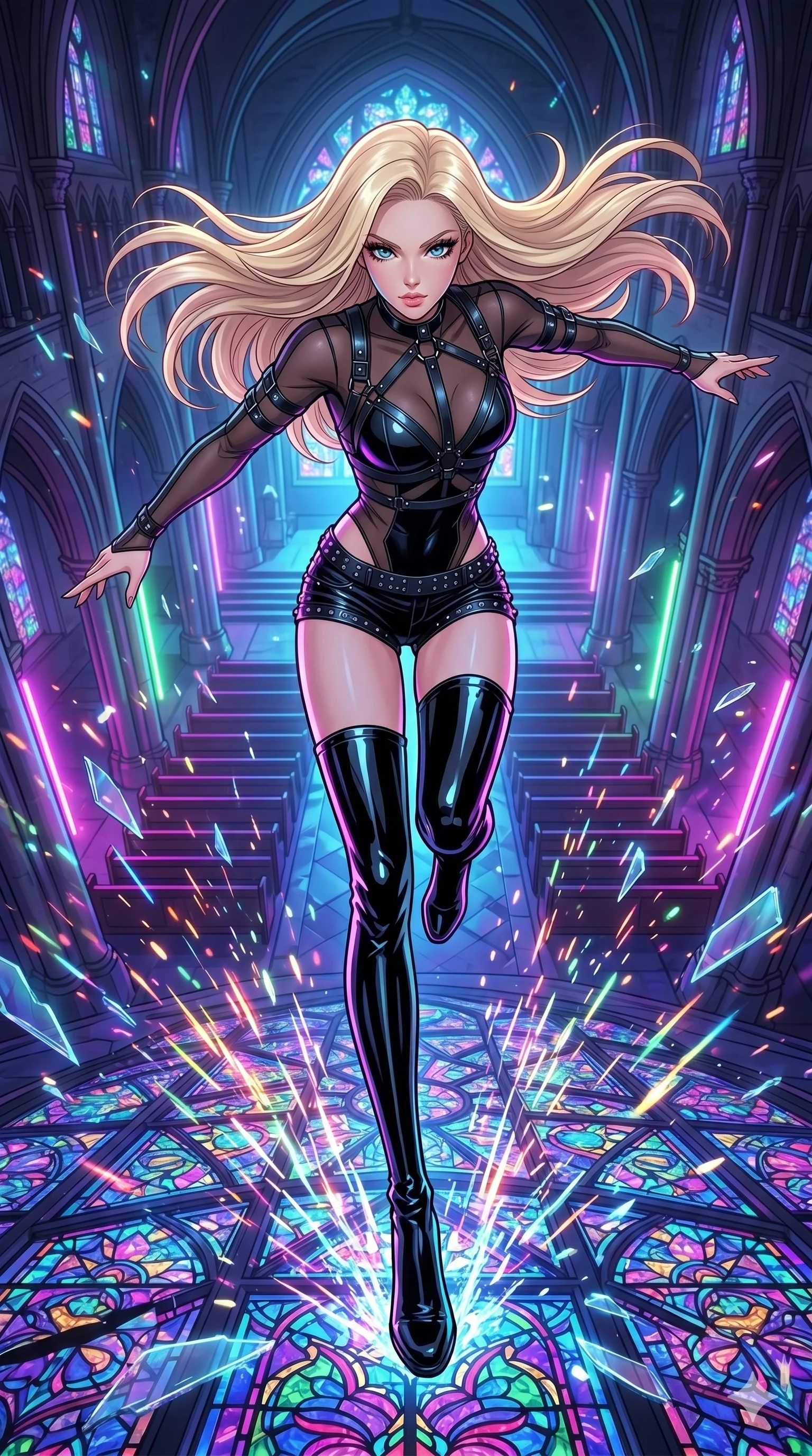 score_9, masterpiece, best quality, ultra-detailed, high-budget anime movie keyframe, cinematic anime lighting, intricate line art, Japanese woman. Extreme high angle shot as she leaps towards the camera, filling the frame. leaping across shattered stained glass of a neon cathedral while sparks fly. She has an absolutely perfect 8-heads proportion, an exceptionally tall and slender female figure with an ultra-slim waist and impossibly long slender legs. strictly human anatomy, two legs only, no extra limbs, clearly defined legs and arms, perfect anatomy, perfect hands and fingers. sharp v-shaped jawline, high-bridge nose, intricate jewel-like eyes, thick eyelashes, glossy lips. Wearing K-Idol Stage: Leather harness over mesh, high-cut bodysuit, studded micro-shorts, and thigh-high patent boots. The scene is illuminated by dramatic atmospheric lighting and vibrant color palettes. , 2k, ultra detail, master piece, 9:16 ratio