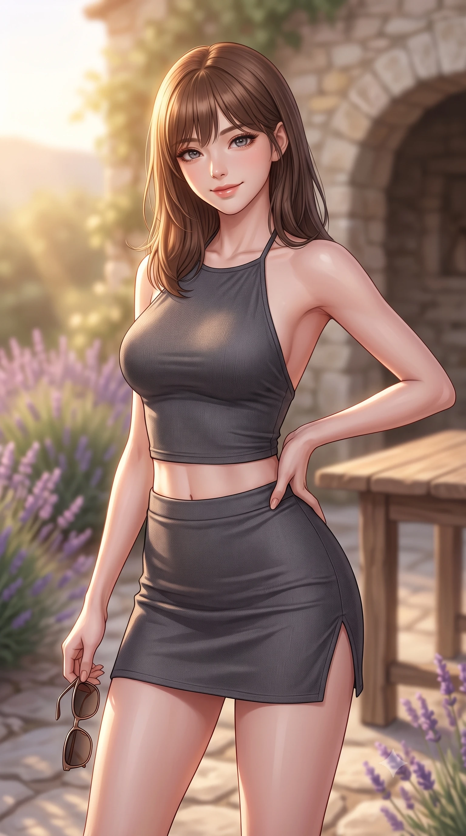 score_9, masterpiece, best quality, ultra-detailed, high-budget anime keyframe, editorial fashion photography, tasteful artistic composition, Korean woman woman. close-up cowboy shot from the waist and thighs up, the character dominates the composition, filling the frame with her large presence, background elements kept in soft focus. tilting her head slightly with a gentle, friendly smile under the warm sun the background shows a soft-focus a lavender-lined stone patio of a country house in Provence, with a rustic wooden table. She has an exceptionally elegant, slender, and willowy female figure with an ultra-slim waist, a gracefully sculpted slender torso, and a refined silhouette. sharp v-shaped jawline, high-bridge nose, intricate jewel-like eyes with depth, thick eyelashes, glossy lips with a natural sheen. wearing a slim-fit backless halter crop top in charcoal gray, paired with a matching side-slit mini skirt. soft golden afternoon sunbeams, casting a peaceful country glow. 2k, ultra detail, master piece, 9:16 ratio