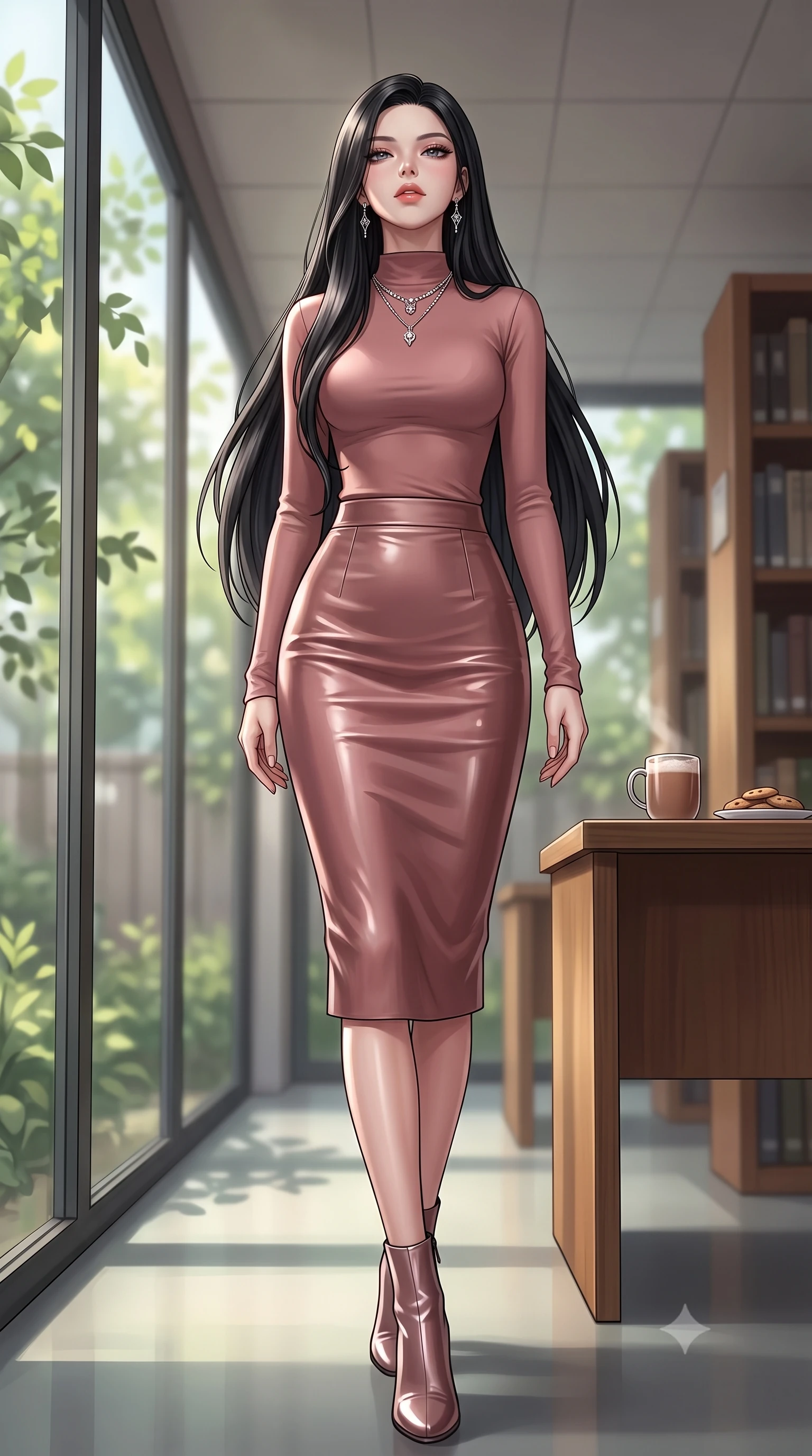 score_9, masterpiece, best quality, ultra-detailed, high-budget anime keyframe, editorial fashion photography, tasteful artistic composition, Korean woman. low angle full-body shot from head to toe showing her feet, filling the entire 9:16 vertical frame with her statuesque presence, stretching her vertical silhouette. standing in a captivating power pose, tilting her chin up with a smoldering, bright expression set against a soft-focus background of in a quiet library corridor with glass panels showing a peaceful garden outside with a warm mug of cocoa and a small plate of cookies on the desk. She has an absolutely perfect, statuesque 8.5-heads proportion, an exceptionally tall and slender model-like female figure with impossibly long slender legs and an ultra-slim waist. sharp v-shaped jawline, high-bridge nose, intricate jewel-like eyes with depth, thick eyelashes, glossy lips with a natural sheen. wearing slim-fit form-fitting long-sleeve mock-neck top in dusty rose, paired with a slim-fit leather midi skirt. soft afternoon daylight filtered through green leaves outside the window. ultra-reflective glossy finish, specular highlights, metallic sheen, high-contrast stereoscopic depth, volumetric dynamic lighting, 2k, ultra detail, master piece, 9:16 ratio