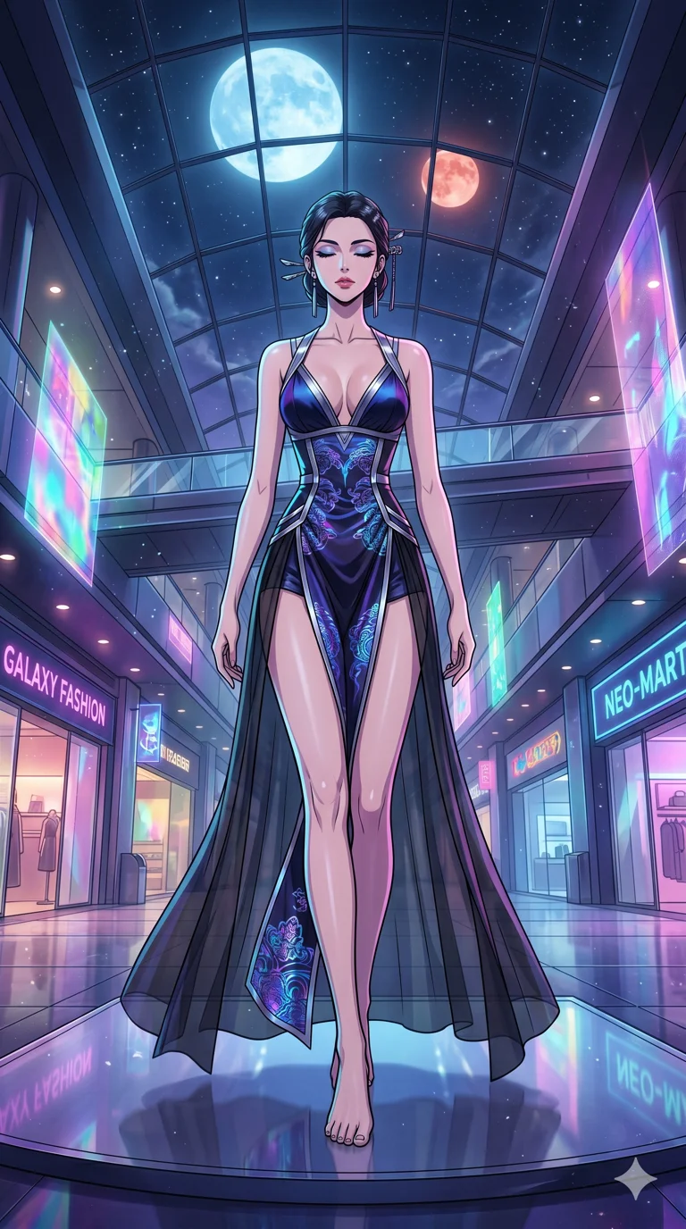 score_9, masterpiece, best quality, ultra-detailed, high-budget anime movie keyframe, cinematic anime lighting, intricate line art, Caucasian (strictly human ears) woman. Low angle cowboy shot filling the entire 9:16 frame with her statuesque presence. meditating peacefully in a holographic shopping mall under a twin-moon sky. She has an absolutely perfect 8-heads proportion, an exceptionally tall and slender female figure with an ultra-slim waist and impossibly long slender legs. sharp v-shaped jawline, high-bridge nose, intricate jewel-like eyes, thick eyelashes, glossy lips. Wearing modernized deep-plunging silk hanbok-fusion with metallic straps, a high-slit sheer skirt over micro-shorts, and holographic embroidered patterns. The scene is illuminated by dramatic atmospheric lighting and vibrant color palettes. , 2k, ultra detail, master piece, 9:16 ratio