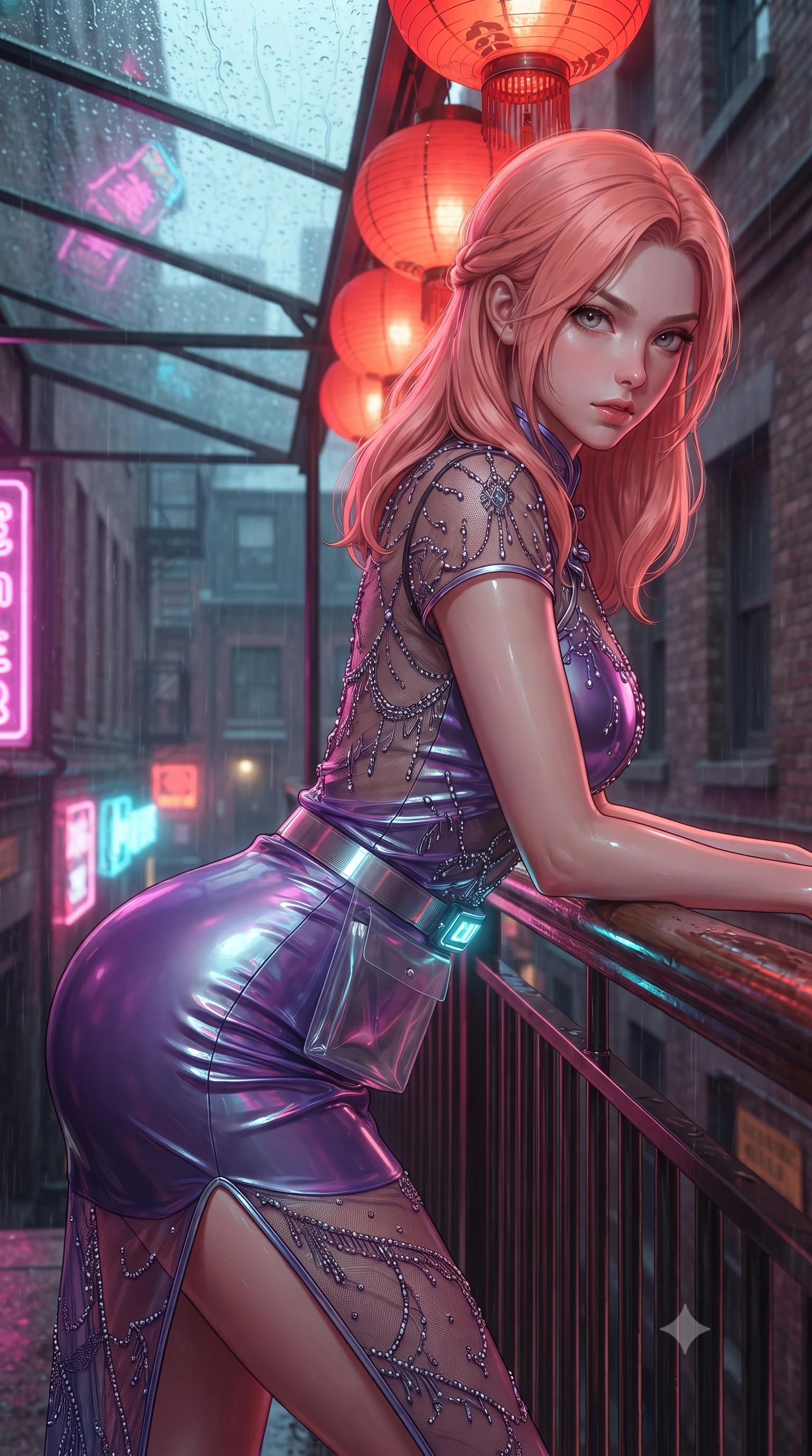 score_9, masterpiece, best quality, ultra-detailed, high-budget anime keyframe, editorial fashion photography, tasteful artistic composition, Japanese woman. close-up cowboy shot from the waist and thighs up, the character dominates the composition, filling the frame with her large presence. leaning forward against the polished railing with her hips cocked back, creating an intoxicating curve from her narrow waist to sculpted hips as she gazes back into the lens while standing poised beneath hanging crimson paper lanterns, twisting her slender torso in an alluring S-curve while looking down at the neon-lit alley below. The composition keeps background elements in soft focus with creamy bokeh. rain-streaked glass awnings and weathered brick penthouse facades softened in moody cinematic focus. She has an exceptionally elegant, slender, and willowy female figure with an ultra-slim waist, a gracefully sculpted slender torso, toned flat midriff, and rounded feminine hips creating an alluring hourglass silhouette. sharp v-shaped jawline, high-bridge nose, intricate jewel-like eyes with depth, thick eyelashes, glossy parted lips with a natural sheen, intensely captivating and seductive bedroom-eyes expression, flawlessly proportioned anatomical accuracy, strict slender model proportions, natural body alignment, perfectly sculpted long slender limbs, ultra-slim waistline, clean dynamic posture without body distortion. wearing a sheer vintage mesh cheongsam adorned with intricate beadwork over an opaque silk slip in toxic ultraviolet purple and chrome silver, tailored from second-skin aerodynamic stretch vinyl with specular wet sheen, finished with a neon LED belt buckle and translucent vinyl tool pouch, the liquid-tight tailored fabric clinging flawlessly to her narrow waist and rounded feminine hips, emphasizing every millimeter of her sculpted hourglass curves during movement. bathed in vibrant magenta and electric cyan neon light contrasting with warm lantern scarlet downlights. ultra-reflective glossy finish, specular highlights, rich textural contrasts, high-contrast stereoscopic depth, volumetric dynamic lighting, 2k, ultra detail, master piece, 9:16 ratio