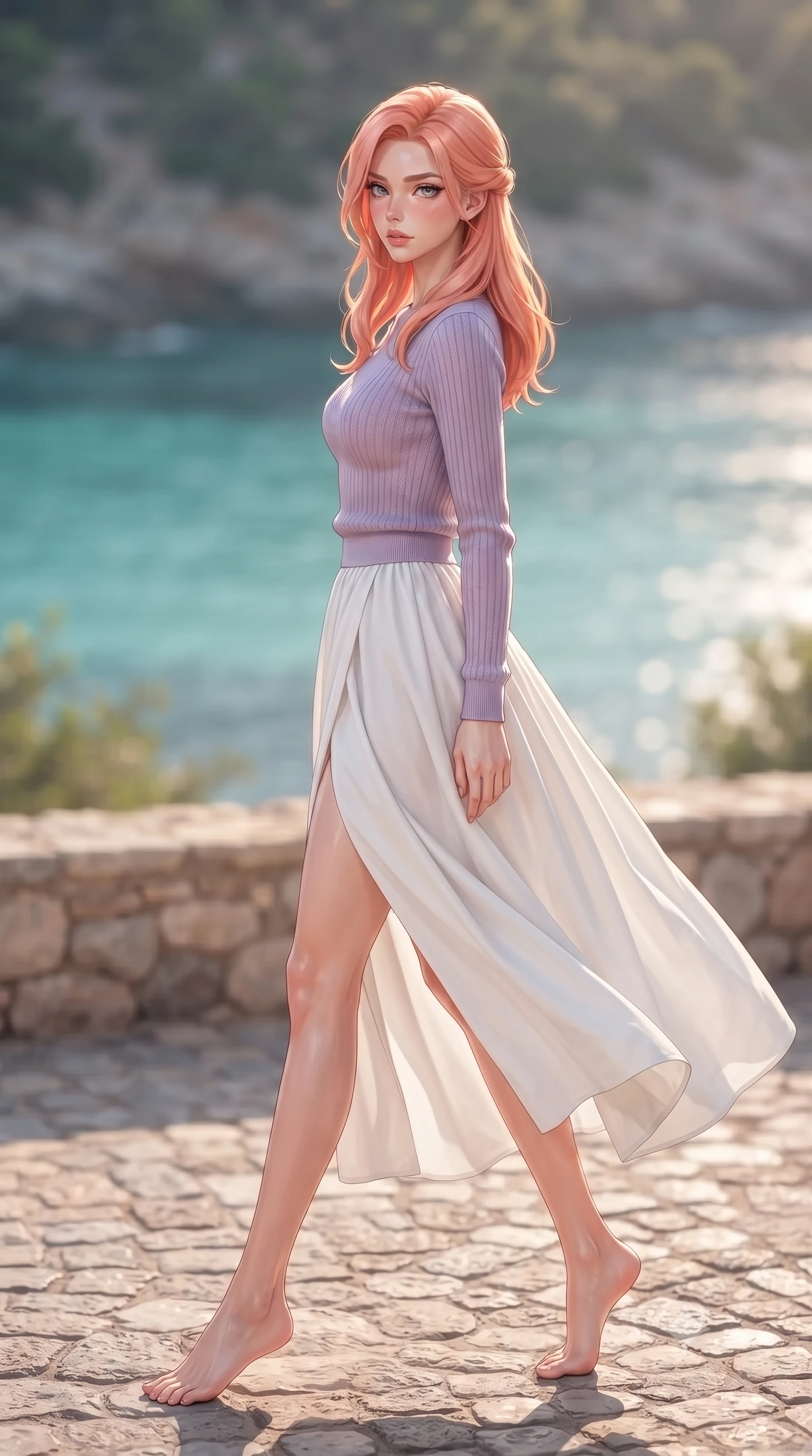 score_9, masterpiece, best quality, ultra-detailed, high-budget anime keyframe, editorial fashion photography, tasteful artistic composition, Japanese woman woman. low angle full-body shot from head to toe showing her feet, filling the entire 9:16 vertical frame with her statuesque presence, stretching her vertical silhouette. stepping gracefully while looking back over her shoulder, her dress draped tightly to reveal her silhouette the background shows a soft-focus a stone terrace of a coastal villa overlooking a quiet turquoise bay. She has an absolutely perfect, statuesque 8.5-heads proportion, an exceptionally tall and slender model-like female figure with impossibly long slender legs and an ultra-slim waist. sharp v-shaped jawline, high-bridge nose, intricate jewel-like eyes with depth, thick eyelashes, glossy lips with a natural sheen. wearing a slim-fit comfortable lavender knit sweater paired with a flowy white cotton maxi skirt. warm afternoon sunbeams reflecting off the ocean surface onto the terrace. ultra-reflective glossy finish, specular highlights, metallic sheen, high-contrast stereoscopic depth, volumetric dynamic lighting, 2k, ultra detail, master piece, 9:16 ratio