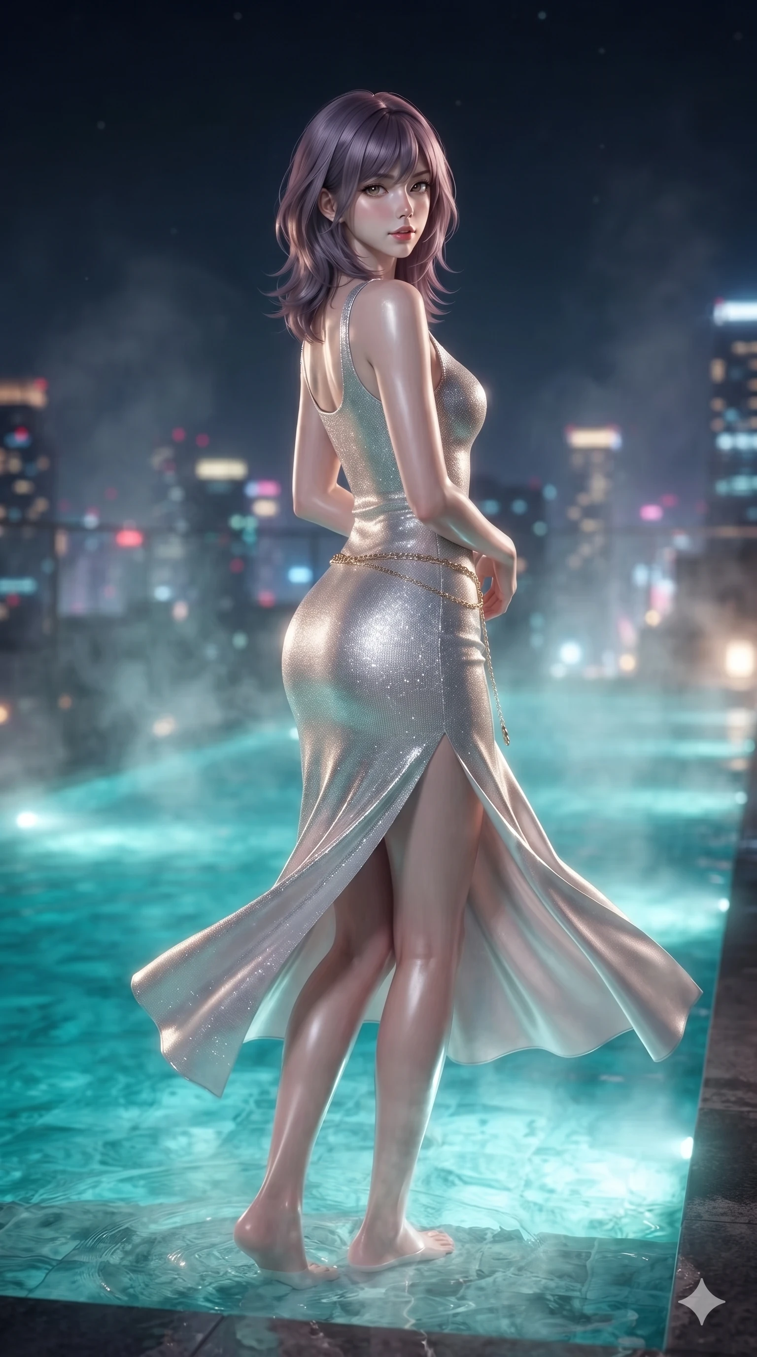 score_9, masterpiece, best quality, ultra-detailed, high-budget anime keyframe, editorial fashion photography, tasteful artistic composition, Japanese woman. low angle full-body shot from head to toe showing her feet, filling the entire 9:16 vertical frame with her statuesque presence, stretching her vertical silhouette. executing a slow, graceful pivot turn as her silk wrap skirt sways around her slender legs, glancing back with an enchanting, teasing sensual expression while standing poised ankle-deep in the steaming mineral water at the pool's edge, arching her lower back with sovereign supermodel grace overlooking the neon metropolis. The background shows a soft-focus mineral steam haze softened in skyline geothermal pool shallow focus. She has an exceptionally tall and slender model-like 8.5-heads proportion, an ultra-slim waist, a flat toned midriff, narrow delicate ribcage, and beautifully sculpted feminine hips creating a graceful, slim hourglass silhouette without any bulky heaviness, with impossibly long slender legs. sharp v-shaped jawline, high-bridge nose, intricate jewel-like sparkling eyes with depth, thick eyelashes, glossy parted lips with a natural sheen, intensely captivating and seductive bedroom-eyes expression, exuding both youthful cute charm and sovereign luxury allure, flawlessly proportioned anatomical accuracy, strict slender model proportions, natural body alignment, perfectly sculpted long slender limbs, ultra-slim waistline, clean dynamic posture without body distortion. wearing a body-contouring metallic lurex knit column dress casting radiant starlight shimmer across her flat midriff in shimmering silver mercury and pearl white, crafted from luxurious metallic lamé that shifts radiance with every step, accented with a delicate gold chain belt resting loosely on her curvy hips, the form-contouring material adhering flawlessly to her sculpted flat midriff and slender torso, emphasizing her long leg lines and perfectly proportioned willowy build. bathed in the radiant underwater turquoise glow of the thermal pool mixed with ambient city neon from the surrounding skyline. ultra-reflective glossy finish, specular highlights, rich textural contrasts, high-contrast stereoscopic depth, volumetric dynamic lighting, 2k, ultra detail, master piece, 9:16 ratio