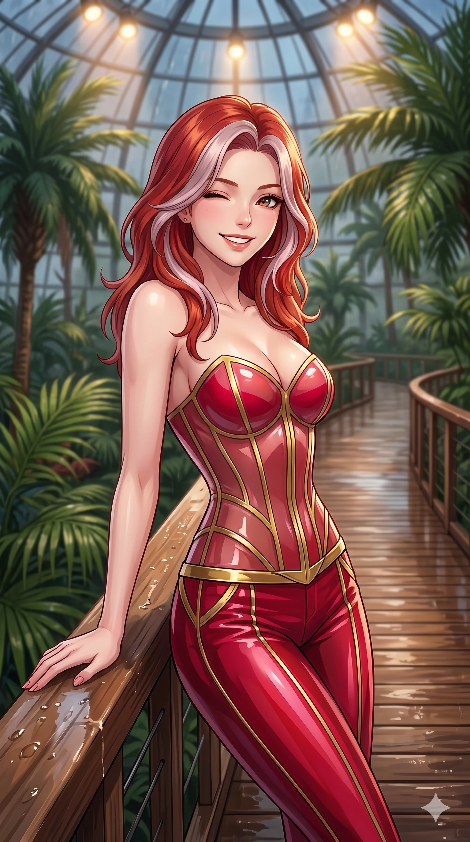 score_9, masterpiece, best quality, ultra-detailed, high-budget anime keyframe, vibrant anime aesthetic, Caucasian woman, strictly human ears. close-up cowboy shot from the waist and thighs up, the character dominates the composition, filling the frame with her large presence, background elements kept in soft focus. She is leaning back on a wet, rain-slicked railing, winking and smiling delightfully, with a bright, joyful gaze with a relaxed and elegant posture. the background shows a soft-focus wooden boardwalk winding through a botanical garden greenhouse filled with exotic palms, under a glass dome (Code-P22-133). She has an absolutely perfect proportion, an exceptionally elegant and slender female figure with an ultra-slim waist. V-shaped jawline, high-bridge nose, intricate jewel-like eyes with depth, thick eyelashes, glossy lips with a natural sheen. wearing a translucent gloss-finish structured bodice with a sweetheart neckline and sleek pants in ruby red and gold accents. She is illuminated by warm overhead spotlights inside the plant conservatory dome, casting soft shadows that enhance her features on the outdoor wooden terrace. 2k, ultra detail, master piece, 9:16 ratio