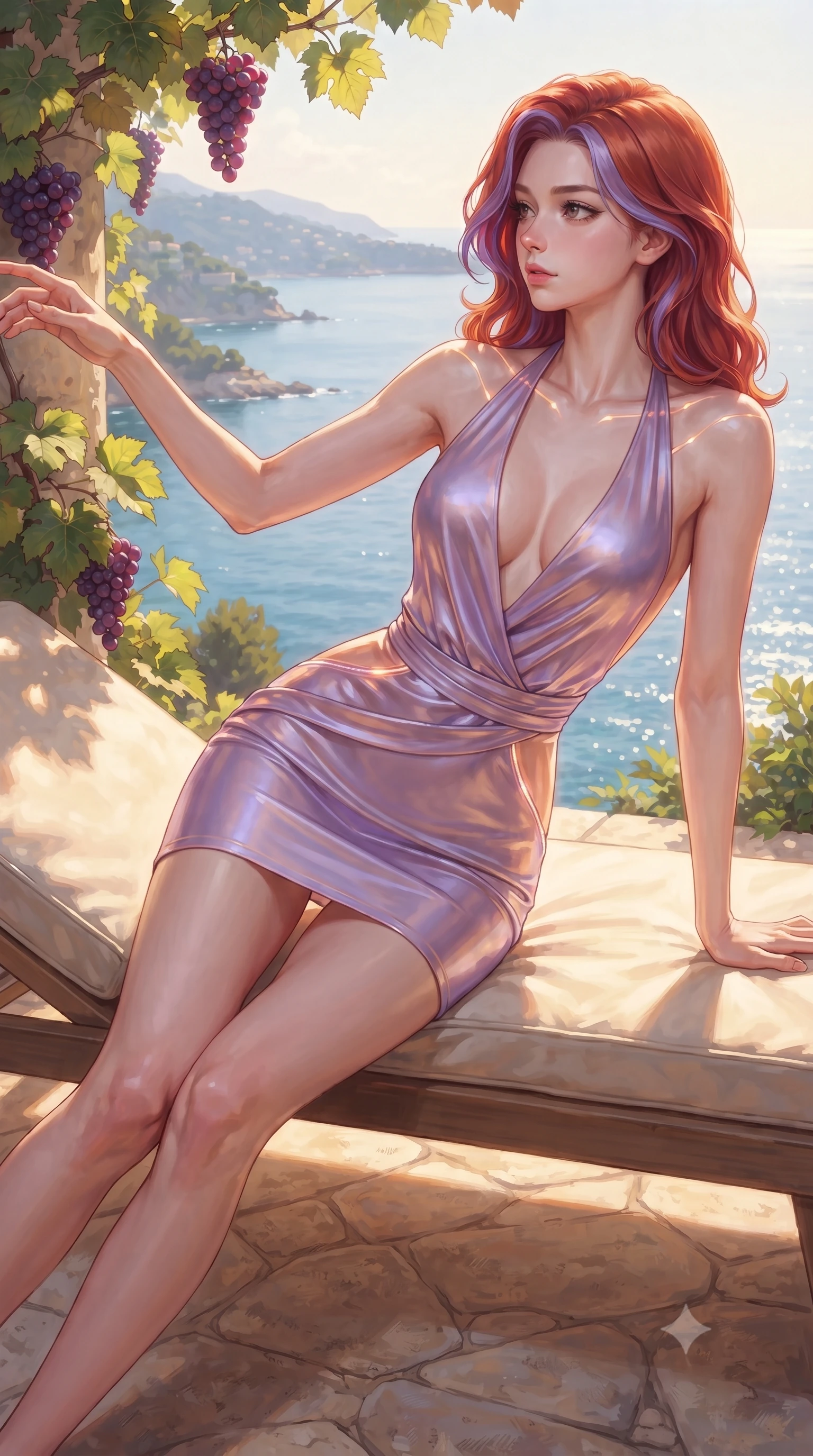 score_9, masterpiece, best quality, ultra-detailed, high-budget anime keyframe, editorial fashion photography, tasteful artistic composition, Caucasian woman. close-up cowboy shot from the waist and thighs up, the character dominates the composition, filling the frame with her large presence. extending one arm gracefully toward the light while her torso arches in a sleek, alluring curve with magnetic intensity while stretching her slender legs along a sunlit limestone lounger with the sparkling Riviera sea stretching below. The surrounding environment is rendered in vivid detail and crisp panoramic clarity. detailed grapevine leaves, ripe purple grape clusters, and limestone terrace textures in deep focus. She has an exceptionally elegant, slender, and willowy female figure with an ultra-slim waist, a gracefully sculpted slender torso, toned flat midriff, and a refined slim silhouette. sharp v-shaped jawline, high-bridge nose, intricate jewel-like eyes with depth, thick eyelashes, glossy lips with a natural sheen, flawlessly proportioned anatomical accuracy, strict slender model proportions, natural body alignment, perfectly sculpted long slender limbs, ultra-slim waistline, clean dynamic posture without body distortion. wearing a form-contouring liquid satin halter-neck mini dress with a deep crossover cowl front, open back, and ultra-slender waist drape in luminous lavender violet and rose gold, tailored from semi-translucent cybernetic vinyl with glowing micro-filaments, accented with glowing fiber-optic seams tracing her collarbones and hip curves, the liquid-tight tailored fabric emphasizing every curve of her tall, slender model proportions and sculptured silhouette during dynamic movement. surrounded by an exclusive, sun-drenched, and effortlessly seductive European luxury lifestyle aura. ultra-reflective glossy finish, specular highlights, metallic sheen, high-contrast stereoscopic depth, volumetric dynamic lighting, 2k, ultra detail, master piece, 9:16 ratio