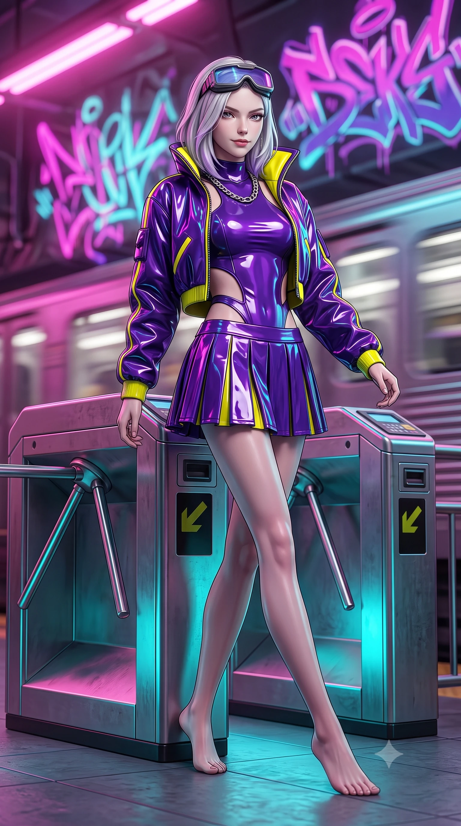 score_9, masterpiece, best quality, ultra-detailed, high-budget anime keyframe, semi-realistic 3D game render, editorial fashion photography, tasteful artistic composition, Caucasian woman. low angle full-body shot from head to toe showing her feet, filling the entire 9:16 vertical frame with her statuesque presence, stretching her vertical silhouette. striding forward in a proud, dynamic supermodel runway stride, her statuesque vertical silhouette commanding the entire frame while leaning against a retro-futuristic metallic subway turnstile with a fierce, rebellious streetwear smirk. The composition keeps background elements in soft focus with creamy bokeh. speeding maglev train motion blur and glowing neon graffiti tags blurred into vivid magenta, cyan, and violet bokeh. She has an absolutely perfect, statuesque 8.5-heads proportion, an exceptionally tall and slender model-like female figure with impossibly long slender legs, a toned flat midriff, and an ultra-slim waist. sharp v-shaped jawline, high-bridge nose, intricate jewel-like eyes with depth, thick eyelashes, glossy lips with a natural sheen, captivating and magnetic expression, flawlessly proportioned anatomical accuracy, strict slender model proportions, natural body alignment, perfectly sculpted long slender limbs, ultra-slim waistline, clean dynamic posture without body distortion. wearing a cutout cyberpunk bodysuit paired with an oversized neon-piped bomber jacket and pleated micro-skirt in toxic ultraviolet purple and hazard yellow accents, formed from high-gloss patent leather with sharp specular chiaroscuro, accessorized with a chunky silver chain necklace and cyber-visor goggles resting on her brow, the sleek tailored cut tightly hugging her graceful clavicle, narrow waist, and feminine curves with statuesque precision. bathed in high-contrast dual lighting of neon pink floodlights and electric cyan underlights. highly saturated vibrant anime colors, detailed shading with soft gradients, rich glossy textures, high-contrast stereoscopic depth, volumetric dynamic lighting, master piece, 9:16 ratio