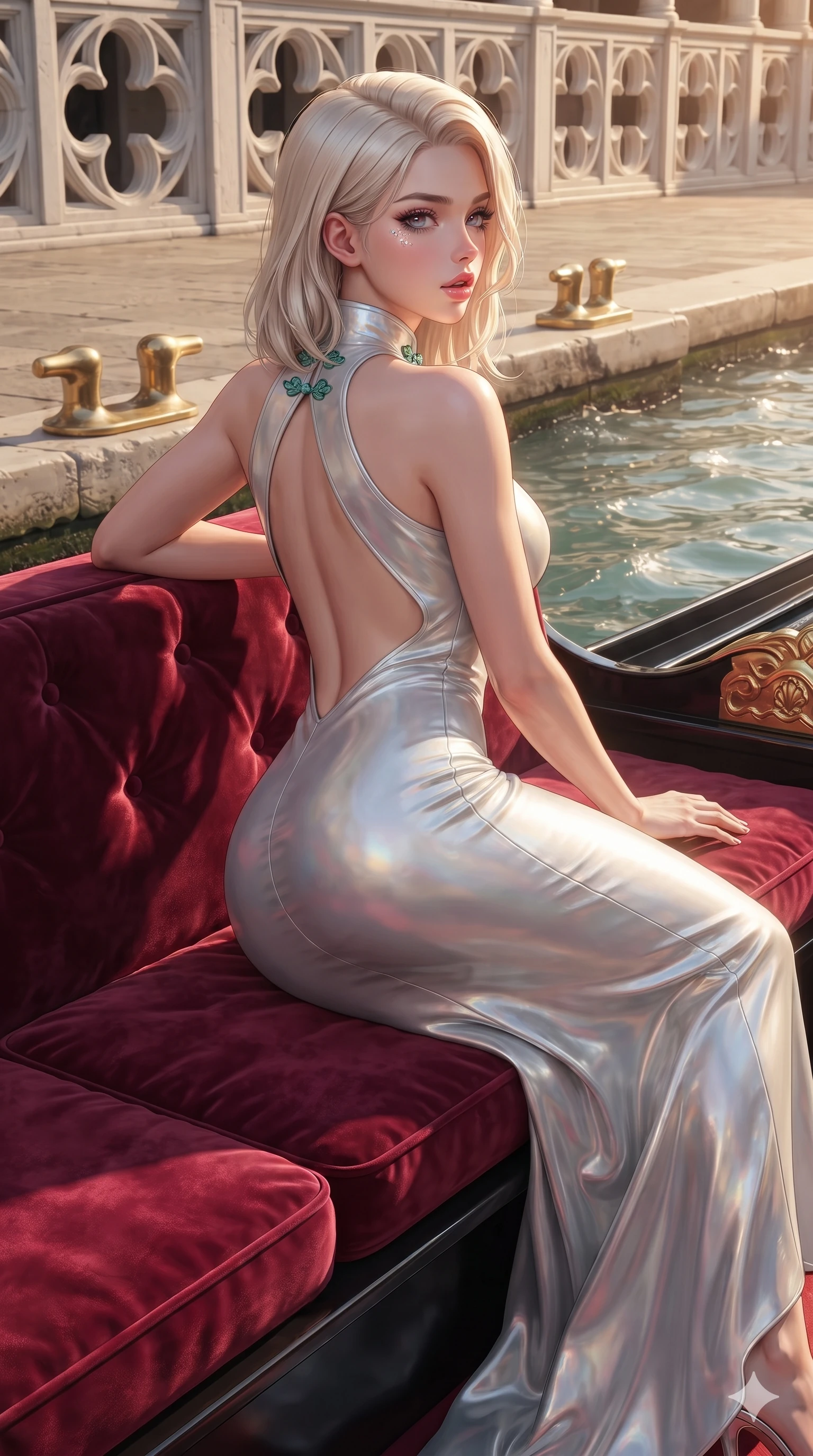 score_9, masterpiece, best quality, ultra-detailed, high-budget anime keyframe, editorial fashion photography, tasteful artistic composition, Caucasian woman. close-up cowboy shot from the waist and thighs up, the character dominates the composition, filling the frame with her large presence. posing in an alluring rear three-quarter angle, looking over a bare shoulder with parted glossy lips, her hips cocked back to highlight her slim hourglass curve while lounging gracefully across the plush velvet-cushioned gondola boarding bench propped on one elbow with legs extended, displaying her statuesque silhouette. The surrounding environment is rendered in vivid detail and crisp panoramic clarity: sharp carved gothic cloverleaf arcade reliefs, polished brass mooring cleats, and crystalline water wake speculars in deep focus. She has an exceptionally elegant, slender, and willowy female figure with an ultra-slim waist, flat toned midriff, narrow ribcage, and sculpted feminine hips creating an alluring, slim hourglass silhouette without bulk. sharp v-shaped jawline, high-bridge nose, intricate jewel-like sparkling eyes with depth, thick eyelashes, glossy parted lips with a natural sheen, intensely captivating and seductive bedroom-eyes expression, exuding both youthful cute charm and sovereign luxury allure, flawlessly proportioned anatomical accuracy, strict slender model proportions, natural body alignment, perfectly sculpted long slender limbs, ultra-slim waistline, clean dynamic posture without body distortion. wearing a sculptured liquid-satin mermaid gown with an architectural open-waist cutout and bare spine in iridescent mother-of-pearl and liquid molten silver, woven from buttery-soft stretch lambskin leather adhering to her body like a second skin, finished with sleek jade frog closures glinting along her high collar, the liquid-tight tailored fabric clinging flawlessly to her narrow waist and rounded feminine hips, emphasizing every millimeter of her sculpted slim hourglass curves without any bulky heaviness. bathed in the warm radiant 2700K morning sunlight reflecting off the canal ripples with crisp specular glints. ultra-reflective glossy finish, specular highlights, rich textural contrasts, high-contrast stereoscopic depth, volumetric dynamic lighting, 2k, ultra detail, master piece, 9:16 ratio