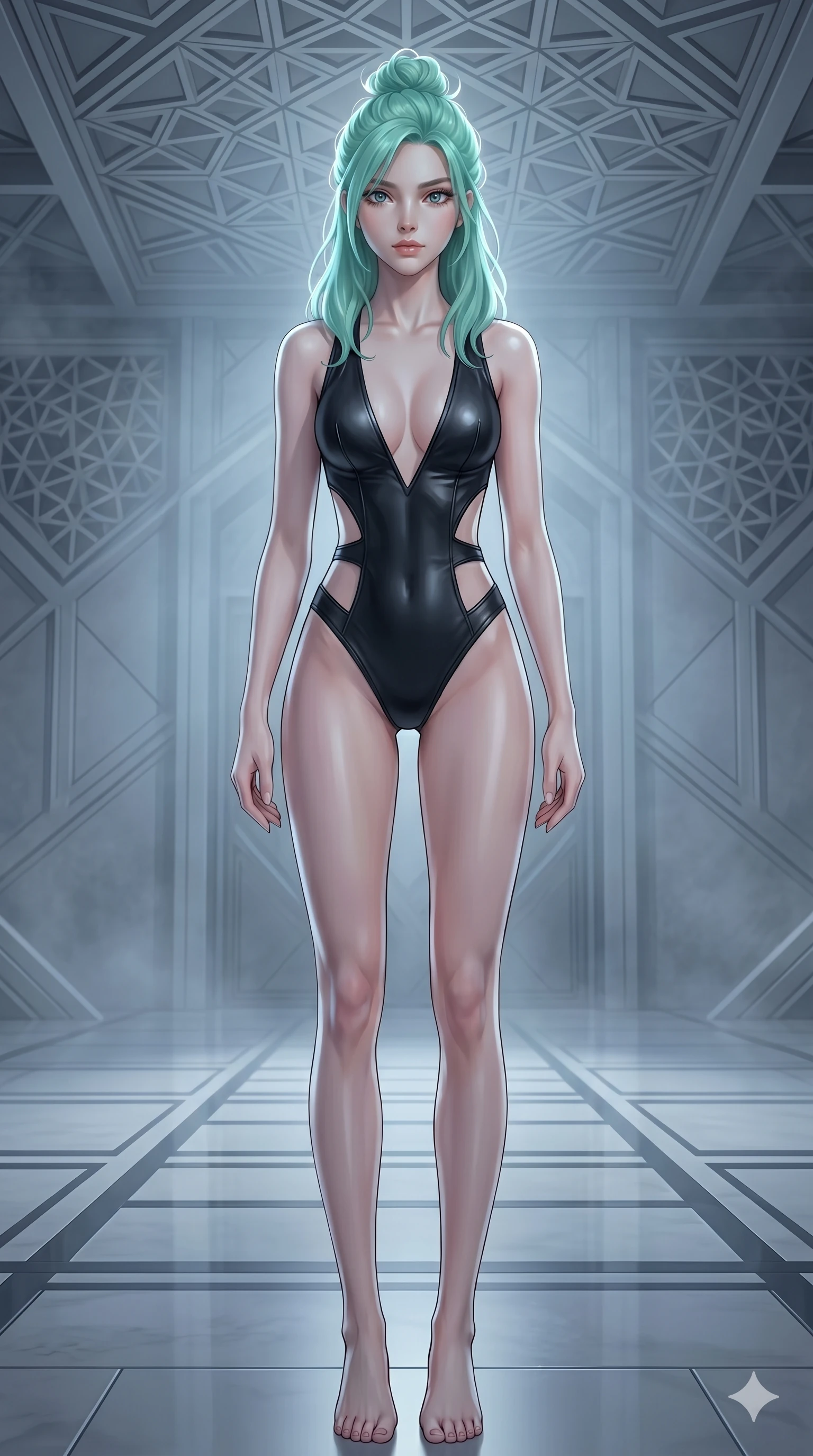 score_9, masterpiece, best quality, ultra-detailed, high-budget anime keyframe, editorial fashion photography, tasteful artistic composition, Japanese woman. cowboy shot from the thighs up, character and outfit filling the frame for maximum editorial presence. posing with quiet magnetic self-assurance, looking directly into the lens inside a mathematical temple with geometric ceiling patterns (Code-P17-099). She has an absolutely perfect 8-heads proportion, an exceptionally tall and slender female figure with impossibly long slender legs and an ultra-slim waist. V-shaped jawline, high-bridge nose, intricate jewel-like eyes with depth, thick eyelashes, glossy lips with a natural sheen. wearing a skin-tight leotard with side cutouts and a plunging neckline. cool silver moonlight filtered through the mist, creating a dramatic, ethereal rim light. 2k, ultra detail, master piece, 9:16 ratio