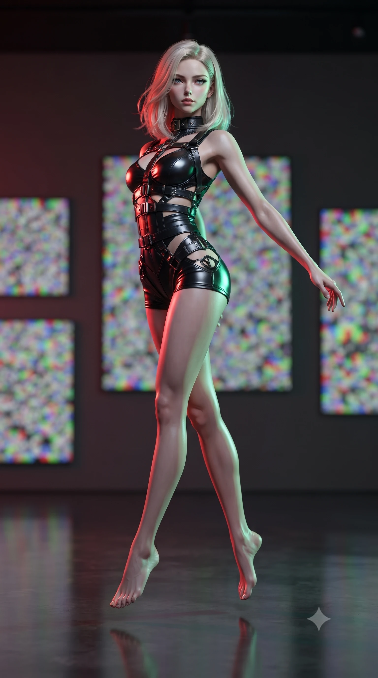 score_9, masterpiece, best quality, ultra-detailed, high-budget anime keyframe, editorial fashion photography, tasteful artistic composition, Caucasian woman woman. low angle full-body shot from head to toe showing her feet, filling the entire 9:16 vertical frame with her statuesque presence, stretching her vertical silhouette. She has an absolutely perfect, statuesque 8.5-heads proportion, an exceptionally tall and slender model-like female figure with impossibly long slender legs and an ultra-slim waist. mid-air spin above the reflective floor, maintaining an athletic and perfectly balanced poise, flawlessly proportioned anatomical accuracy, natural body alignment, perfectly sculpted elegant limbs, clean dynamic posture without body distortion. set against a soft-focus background of a high-end gallery with RGB noise digital canvas displays. wearing a black structured leather harness over a fitted second-skin micro-shorts set. bathed in dynamic shifting RGB neon lights creating dramatic high-contrast rim light. ultra-reflective glossy finish, specular highlights, metallic sheen, high-contrast stereoscopic depth, volumetric dynamic lighting, 2k, ultra detail, master piece, 9:16 ratio