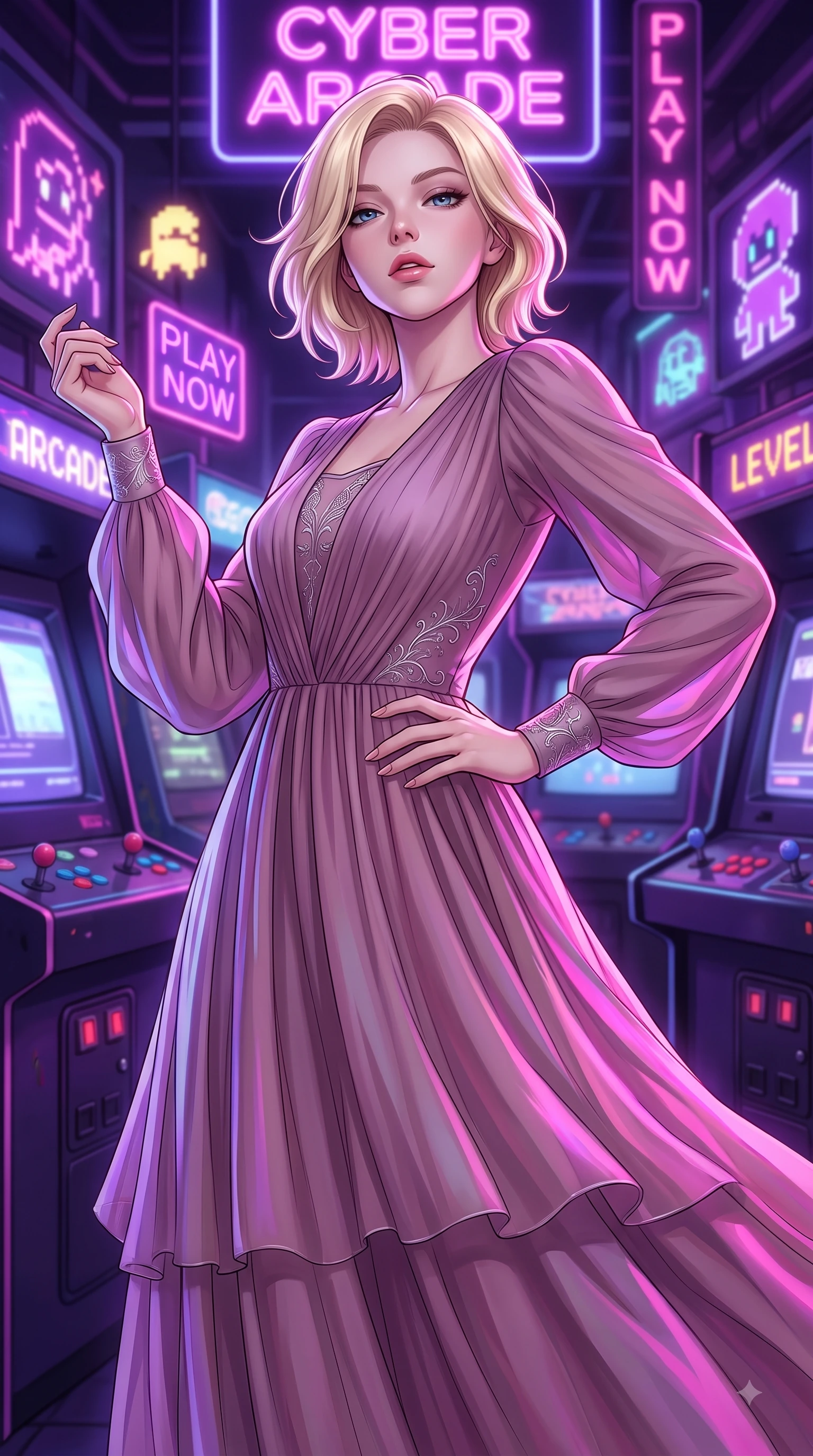 score_9, masterpiece, best quality, ultra-detailed, high-budget anime keyframe, editorial fashion photography, tasteful artistic composition, Caucasian woman woman. close-up cowboy shot from the waist and thighs up, the character dominates the composition, filling the frame with her large presence, background elements kept in soft focus. She has an exceptionally elegant, slender, and willowy female figure with an ultra-slim waist, a gracefully sculpted slender torso, and a refined silhouette. tilting her chin up slightly with lips parted in a composed and alluring expression, flawlessly proportioned anatomical accuracy, natural body alignment, perfectly sculpted elegant limbs, clean dynamic posture without body distortion. set against a soft-focus background of a retro cyber arcade filled with glowing CRT screens and neon signs. wearing a serene dusty mauve chiffon maxi dress with long bishop sleeves. bathed in strobing violet and electric pink neon lights refracting on her outfit. highly saturated vibrant anime colors, detailed shading with soft gradients, rich glossy textures, high-contrast stereoscopic depth, volumetric dynamic lighting, master piece, 9:16 ratio