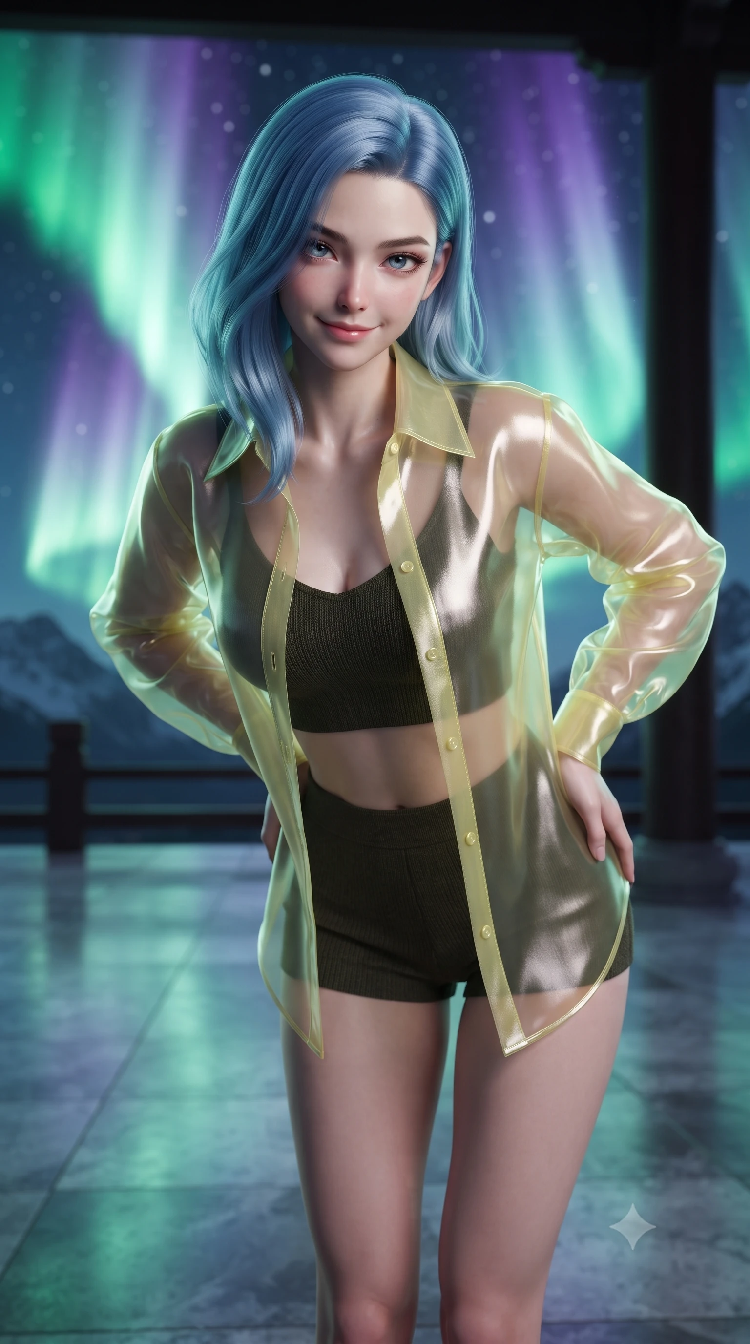 score_9, masterpiece, best quality, ultra-detailed, high-budget anime keyframe, editorial fashion photography, tasteful artistic composition, Korean woman. close-up cowboy shot from the waist and thighs up, the character dominates the composition, filling the frame with her large presence, background elements kept in soft focus. leaning slightly forward with a playful, teasing smile, her gaze locked onto the viewer the background shows a soft-focus a high-altitude mountain pavilion looking out over a glowing aurora borealis sky. She has an exceptionally elegant, slender, and willowy female figure with an ultra-slim waist, a gracefully sculpted slender torso, and a refined silhouette. sharp v-shaped jawline, high-bridge nose, intricate jewel-like eyes with depth, thick eyelashes, glossy lips with a natural sheen. wearing a body-hugging sheer organza shirt in pale yellow worn open over a knit crop top and micro-shorts. dramatic green and violet aurora curtains casting a magical duo-tone glow. ultra-reflective glossy finish, specular highlights, metallic sheen, high-contrast stereoscopic depth, volumetric dynamic lighting, 2k, ultra detail, master piece, 9:16 ratio