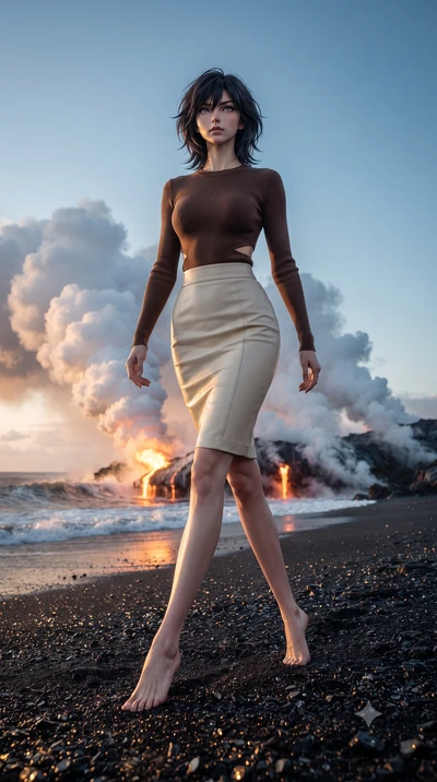 score_9, masterpiece, best quality, ultra-detailed, high-budget anime keyframe, editorial fashion photography, tasteful artistic composition, Caucasian woman, strictly human ears. low angle full-body shot from head to toe showing her feet, filling th