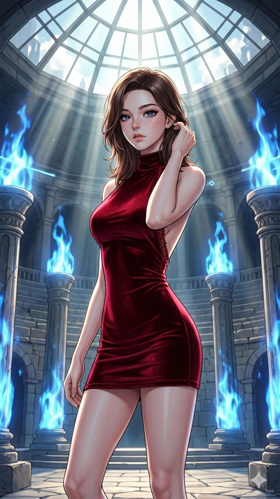 A dynamic sci-fi anime keyframe animation. The glowing circuit lines and neon highlights in the environment pulse with energy. Tiny digital fragments and light particles drift in a circular motion around the scene. The camera moves with a slow, smoot