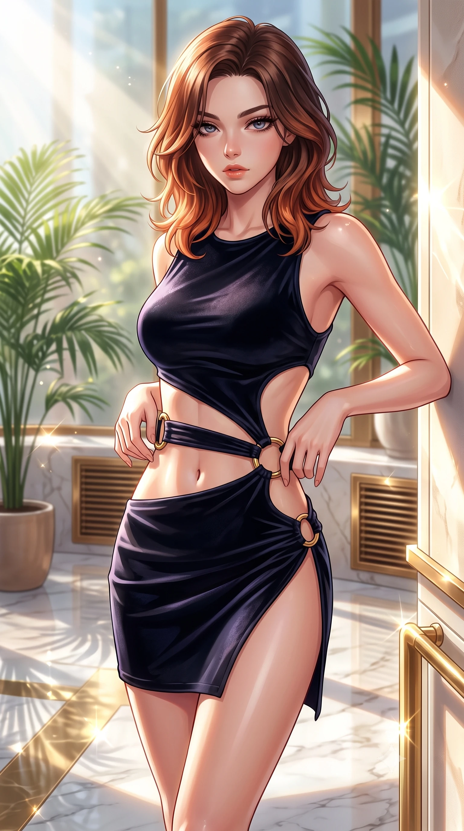score_9, masterpiece, best quality, ultra-detailed, high-budget anime keyframe, editorial fashion photography, tasteful artistic composition, Korean woman woman. close-up cowboy shot from the waist and thighs up, the character dominates the composition, filling the frame with her large presence, background elements kept in soft focus. She has an exceptionally elegant, slender, and willowy female figure with an ultra-slim waist, a gracefully sculpted slender torso, and a refined silhouette. casting a slow, direct gaze beneath heavy lashes with magnetic intensity, flawlessly proportioned anatomical accuracy, natural body alignment, perfectly sculpted elegant limbs, clean dynamic posture without body distortion. set against a soft-focus background of a luxury sunroom filled with potted palms and bronze vents. wearing a slitted cutout bodycon mini dress in dark velvet with gold ring hardware framing her waist. bathed in bright morning sunbeams creating sparkling glints on polished floors. highly saturated vibrant anime colors, detailed shading with soft gradients, rich glossy textures, high-contrast stereoscopic depth, volumetric dynamic lighting, master piece, 9:16 ratio