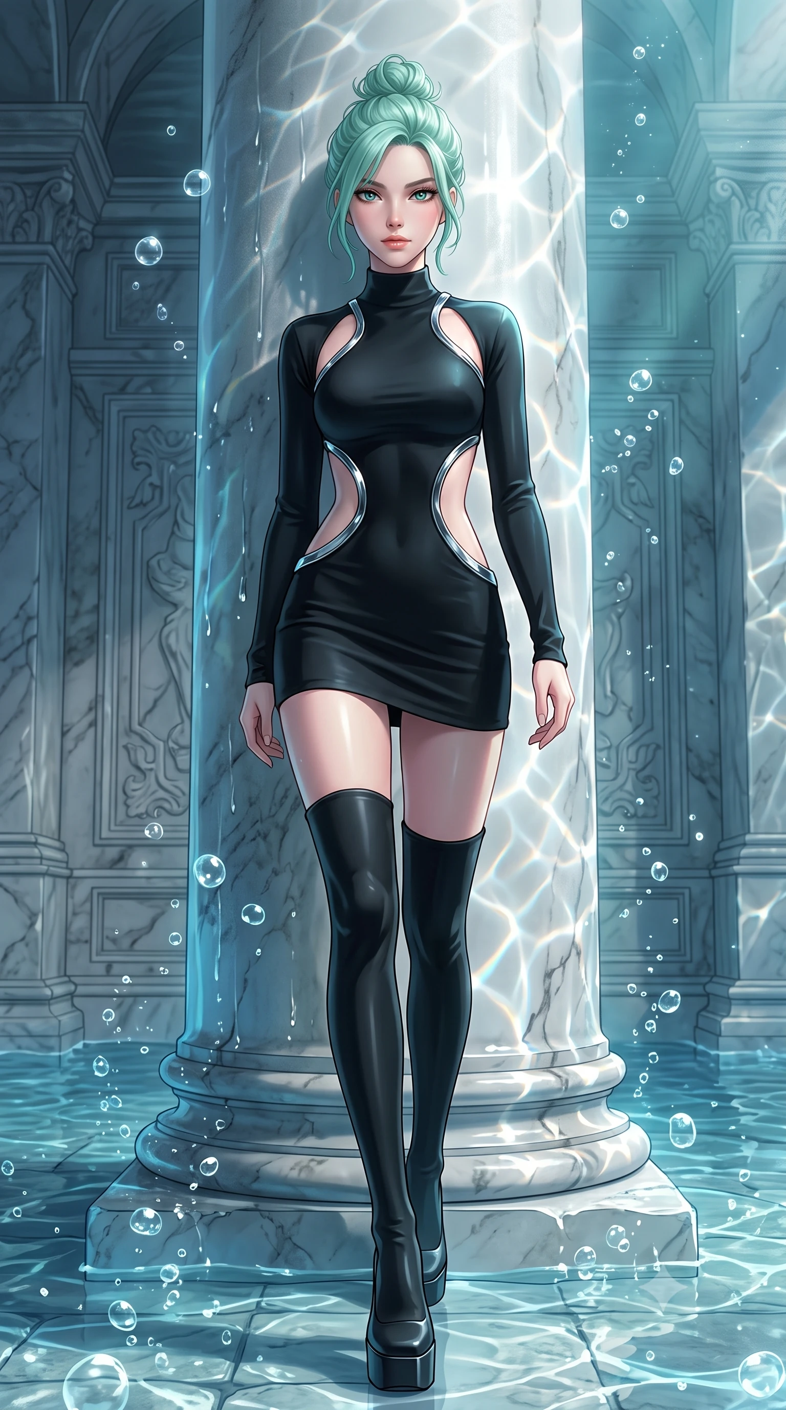 score_9, masterpiece, best quality, ultra-detailed, high-budget anime keyframe, editorial fashion photography, tasteful artistic composition, Japanese woman. low angle full-body shot from head to toe showing her feet, filling the entire 9:16 vertical frame with her statuesque presence, stretching her vertical silhouette. stepping forward with proud posture, filling the vertical frame with her magnetic presence resting against an antique marble pillar as gentle sea bubbles rise around her, shimmering water reflections dancing dynamically across the marble walls. She has an absolutely perfect, statuesque 8.5-heads proportion, an exceptionally tall and slender model-like female figure with impossibly long slender legs and an ultra-slim waist. sharp v-shaped jawline, high-bridge nose, intricate jewel-like eyes with depth, thick eyelashes, glossy lips with a natural sheen. wearing a dramatic open-waist cutout mini dress in matte black framed by sculptural chrome hardware, the sleek second-skin texture accentuating her magnetic presence. surrounded by a shimmering ocean aura with bright pearl-white rim lights. highly saturated vibrant anime colors, detailed shading with soft gradients, rich glossy textures, high-contrast stereoscopic depth, volumetric dynamic lighting, master piece, 9:16 ratio
