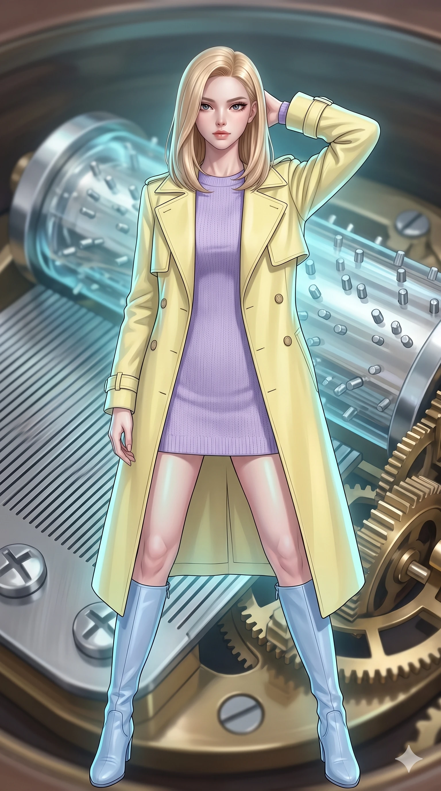score_9, masterpiece, best quality, ultra-detailed, high-budget anime keyframe, editorial fashion photography, tasteful artistic composition, Korean woman. close-up cowboy shot from the waist and thighs up, the character dominates the composition, filling the frame with her large presence, background elements kept in soft focus. Placing one hand behind her head with confident body language and a direct stare. set against a soft-focus background of inside a giant music box mechanism with rotating crystal cylinders silver pins plucking ethereal melodies and delicate clockwork gears of polished brass turning in perfect synchronization. She has an exceptionally elegant and slender, willowy female figure with an ultra-slim waist, a gracefully sculpted slender torso, and a refined slim physique. sharp v-shaped jawline, high-bridge nose, intricate jewel-like eyes with depth, thick eyelashes, glossy lips with a natural sheen. wearing a structured pale lemon yellow trench coat over a lavender knit dress, styled with pastel blue knee-high leather boots. soft aqua bioluminescent light making her skin luminously glow against darkness. 2k, ultra detail, master piece, 9:16 ratio