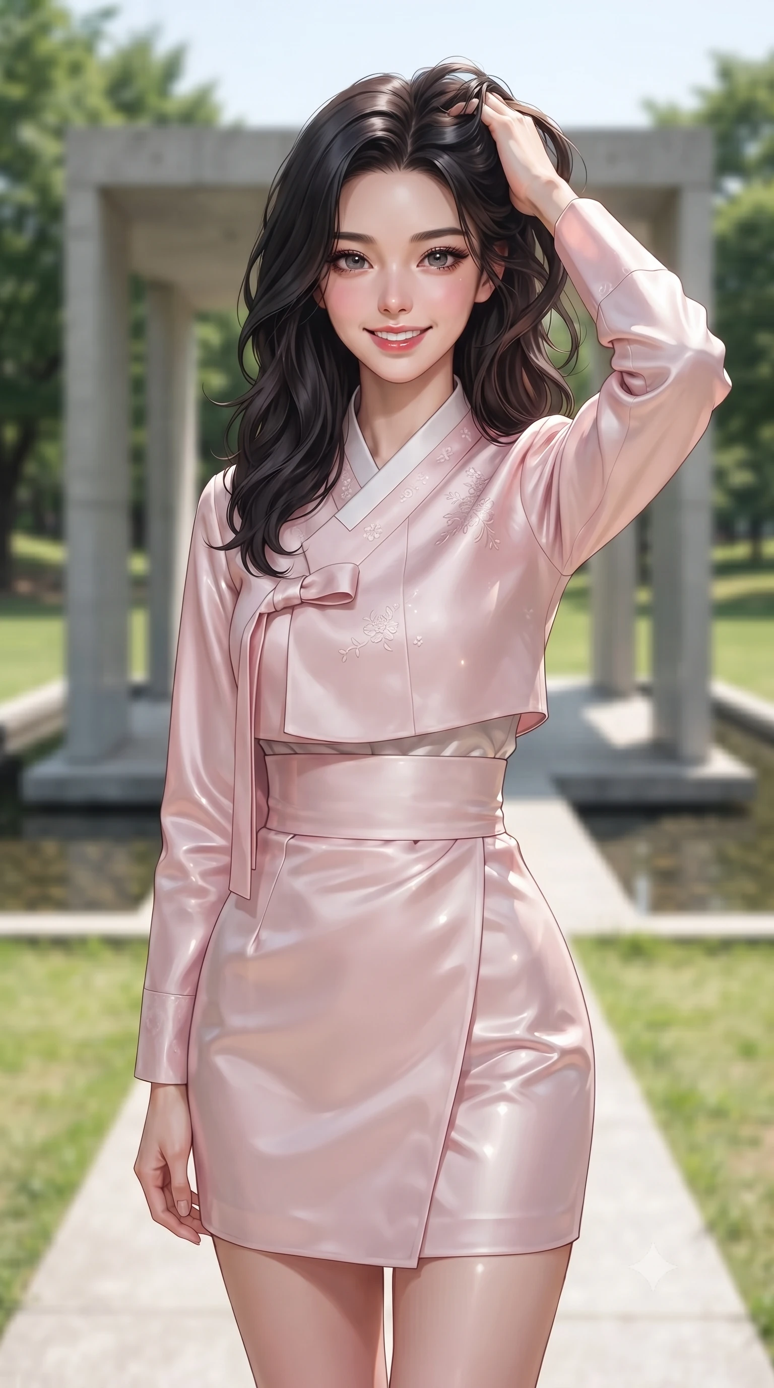 score_9, masterpiece, best quality, ultra-detailed, high-budget anime keyframe, editorial fashion photography, tasteful artistic composition, Korean woman woman. close-up cowboy shot from the waist and thighs up, the character dominates the composition, filling the frame with her large presence, background elements kept in soft focus. smiling with quiet, magnetic self-assurance directly into the camera, running a hand through her hair the background shows a soft-focus a minimalist concrete pavilion in a green park, with water pools reflecting the structure. She has an exceptionally elegant, slender, and willowy female figure with an ultra-slim waist, a gracefully sculpted slender torso, and a refined silhouette. sharp v-shaped jawline, high-bridge nose, intricate jewel-like eyes with depth, thick eyelashes, glossy lips with a natural sheen. wearing a slim-fit modern fusion hanbok jeogori in light pink silk, paired with a high-waisted wrap skirt. bright midday sun rays creating clean, sharp shadows and reflections. ultra-reflective glossy finish, specular highlights, metallic sheen, high-contrast stereoscopic depth, volumetric dynamic lighting, 2k, ultra detail, master piece, 9:16 ratio