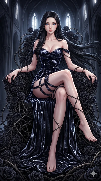 score_9, masterpiece, best quality, ultra-detailed, High-budget Anime Keyframe, East Asian woman. Dynamic full-body shot stretching the vertical silhouette to the limit. Scenario 60: Resting on a throne of black roses, thorns grazing her skin. Her pr