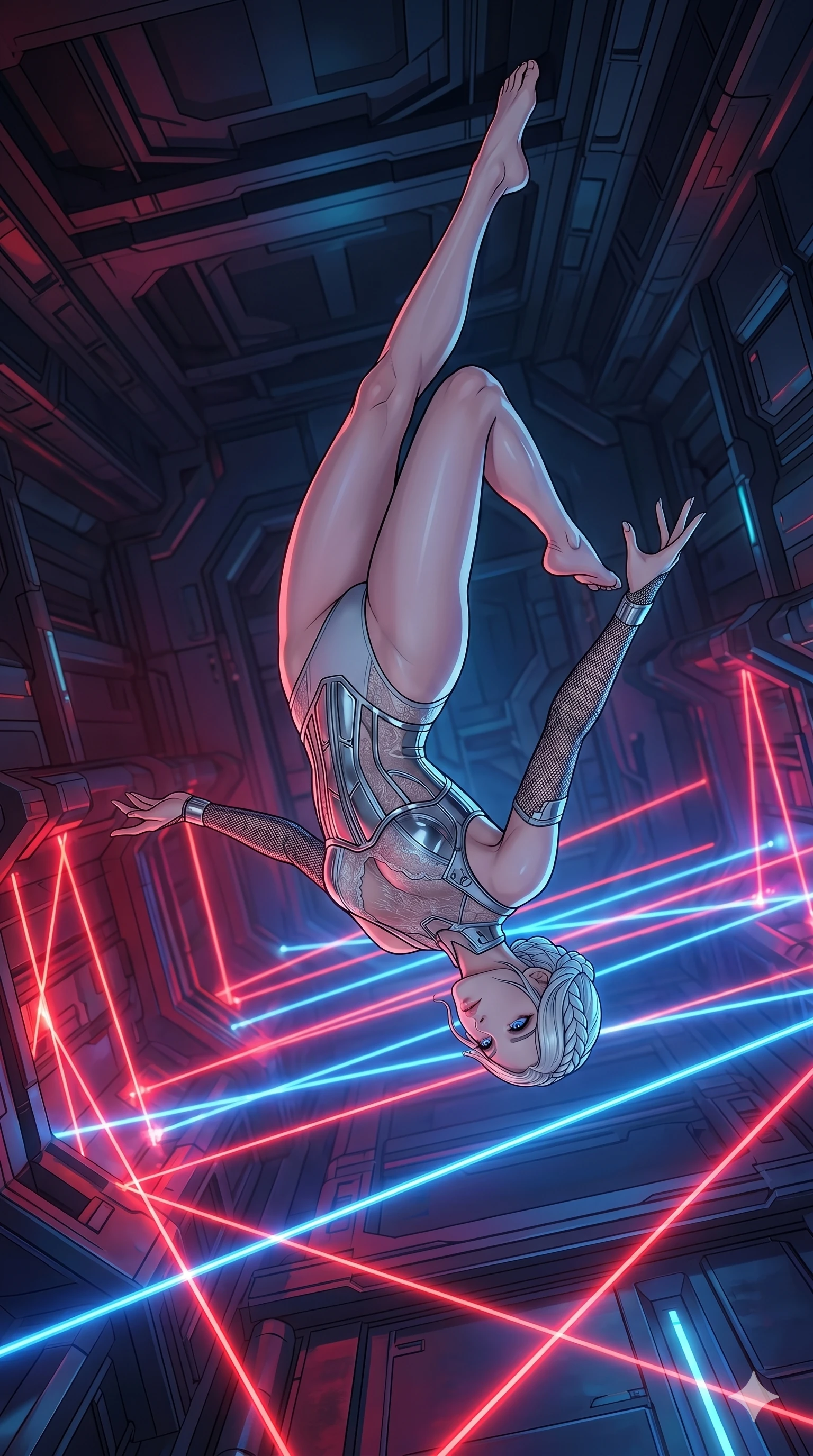 score_9, masterpiece, best quality, ultra-detailed, high-budget anime movie keyframe, cinematic anime lighting, intricate line art, Korean woman. Mid-air action shot capturing a graceful twist and vertical silhouette. somersaulting over a laser trap in a high-security vault. She has an absolutely perfect 8-heads proportion, an exceptionally tall and slender female figure with an ultra-slim waist and impossibly long slender legs. strictly human anatomy, two legs only, no extra limbs, clearly defined legs and arms, perfect anatomy, perfect hands and fingers. sharp v-shaped jawline, high-bridge nose, intricate jewel-like eyes, thick eyelashes, glossy lips. Wearing Cyber-Tech Legacy: Asymmetrical high-cut tech-bodysuit with detached sleeves and chrome-plated corset over sheer lace. The scene is illuminated by dramatic atmospheric lighting and vibrant color palettes. , 2k, ultra detail, master piece, 9:16 ratio