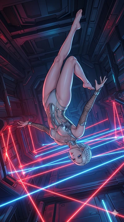 score_9, masterpiece, best quality, ultra-detailed, high-budget anime movie keyframe, cinematic anime lighting, intricate line art, Korean woman. Mid-air action shot capturing a graceful twist and vertical silhouette. somersaulting over a laser trap 