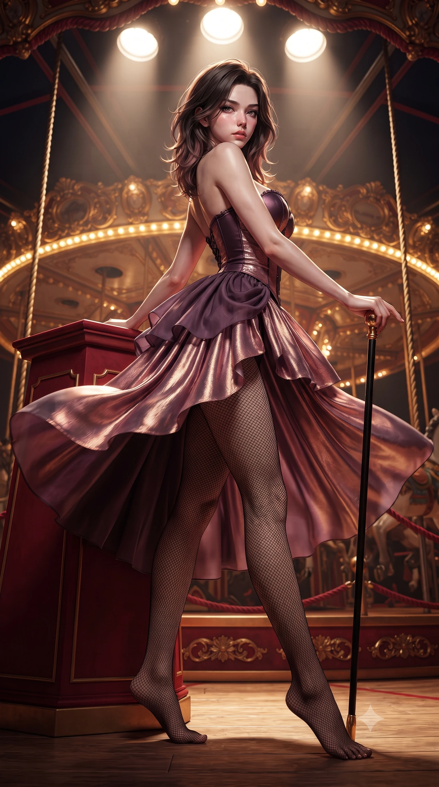 score_9, masterpiece, best quality, ultra-detailed, high-budget anime keyframe, editorial fashion photography, tasteful artistic composition, Korean woman. low angle full-body shot from head to toe showing her feet, filling the entire 9:16 vertical frame with her statuesque presence, stretching her vertical silhouette. executing an elegant mid-motion pivot turn as garments swirl around her slender limbs, glancing over her shoulder with an intoxicating bedroom-gaze while leaning against a crimson circus ringmaster podium with hips cocked back, holding a gold-tipped cane while locking smoldering eyes with the lens. The surrounding environment is rendered in vivid detail and crisp panoramic clarity. sharp carved carousel filigree, velvet rope braid textures, and circus platform rigging in deep focus. She has an absolutely perfect, statuesque 8.5-heads proportion, an exceptionally tall and slender model-like female figure with impossibly long slender legs, a toned flat midriff, an ultra-slim waist, and beautifully sculpted feminine hips. sharp v-shaped jawline, high-bridge nose, intricate jewel-like eyes with depth, thick eyelashes, glossy parted lips with a natural sheen, intensely captivating and seductive bedroom-eyes expression, flawlessly proportioned anatomical accuracy, strict slender model proportions, natural body alignment, perfectly sculpted long slender limbs, ultra-slim waistline, clean dynamic posture without body distortion. wearing a deep sweetheart neckline circus bustier paired with a gathered chiffon high-slit bustle skirt in dusky plum violet and antique rose gold, crafted from luxurious metallic lamé that shifts radiance with every step, finished with sheer fishnet tights accentuating her long slender legs, the glove-like aerodynamic silhouette tightly following the natural contour of her hips and long slender legs with statuesque precision. bathed in dramatic overhead circular spotlight beams and warm golden carousel perimeter glow. ultra-reflective glossy finish, specular highlights, rich textural contrasts, high-contrast stereoscopic depth, volumetric dynamic lighting, 2k, ultra detail, master piece, 9:16 ratio