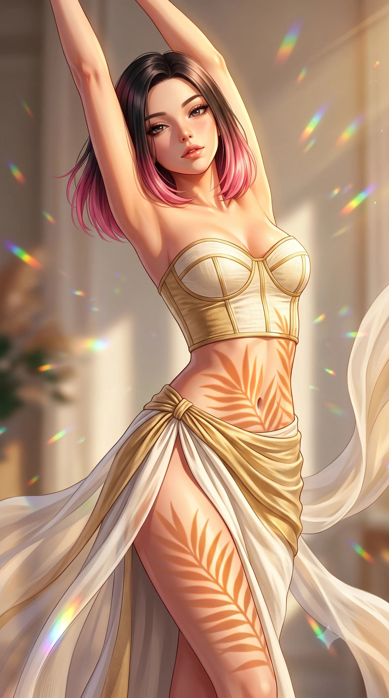 score_9, masterpiece, best quality, ultra-detailed, high-budget anime keyframe, semi-realistic 3D game render, editorial fashion photography, tasteful artistic composition, Korean woman. close-up cowboy shot from the waist and thighs up, the character dominates the composition, filling the frame with her large presence. arching her back languidly with arms stretching overhead, highlighting her narrow waist and feminine silhouette in pure supermodel elegance while stretching languidly as golden afternoon sunlight warms her bare shoulders, gazing into the lens with relaxed sensuality. The composition keeps background elements in soft focus with creamy bokeh. sunlight prism refractions through solar glass scattering dancing rainbow light motes across the room. She has an exceptionally elegant, slender, and willowy female figure with an ultra-slim waist, a gracefully sculpted slender torso, toned flat midriff, and a refined slim silhouette. sharp v-shaped jawline, high-bridge nose, intricate jewel-like eyes with depth, thick eyelashes, glossy parted lips with a natural sheen, intensely captivating and seductive expression, flawlessly proportioned anatomical accuracy, strict slender model proportions, natural body alignment, perfectly sculpted long slender limbs, ultra-slim waistline, clean dynamic posture without body distortion. wearing a structured golden-thread linen bustier paired with a draped high-slit sarong skirt in pristine ivory white and brushed brass gold, crafted from breathable crinkled linen and lightweight modal knit, finished with flowing sheer chiffon train panels floating in the breeze, the lightweight liquid-knit fabric adhering like a second skin to her slender frame, highlighting her effortless sun-kissed charm. illuminated by organic stencil shadows from tropical leaves tracing her sculpted torso and legs. highly saturated vibrant anime colors, detailed shading with soft gradients, rich glossy textures, high-contrast stereoscopic depth, volumetric dynamic lighting, master piece, 9:16 ratio