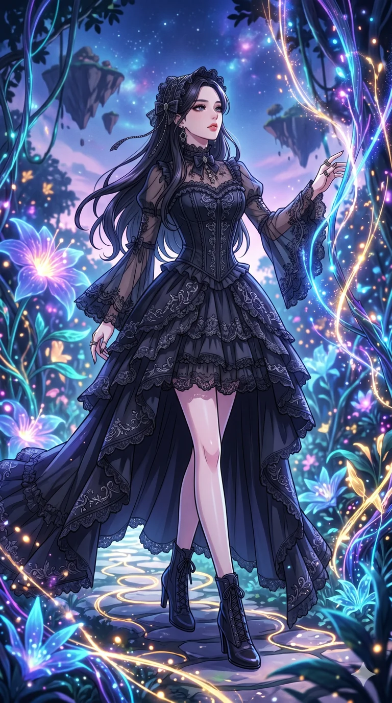 score_9, masterpiece, best quality, ultra-detailed, High-budget Anime Keyframe, vibrant colors, fluid line-art, expressive lighting, cinematic composition, Ufotable-style visual effects, top-tier animation quality, Korean woman with idol-like refined features. Low angle cowboy shot filling the entire 9:16 frame with her statuesque presence, looking up to emphasize her height. Walking through a forest of fiber-optic vines that react to her touch by glowing brighter. She has an absolutely perfect 8-heads proportion, an exceptionally tall and slender female figure with impossibly long slender legs and an ultra-slim waist, her statuesque height and towering silhouette dominating the vertical 9:16 frame. Her face is a masterpiece featuring a sharp v-shaped jawline, high-bridge nose, intricate jewel-like eyes with depth, thick eyelashes, and glossy lips with a natural sheen. She is wearing a Ornate gothic lolita dress with layers of black lace, corset-style gown with flowing bell sleeves, and sheer fabric transparency.. The scene is set in a floating island covered in giant glowing flowers and vines of pure energy. 2k, ultra detail, master piece, 9:16 ratio