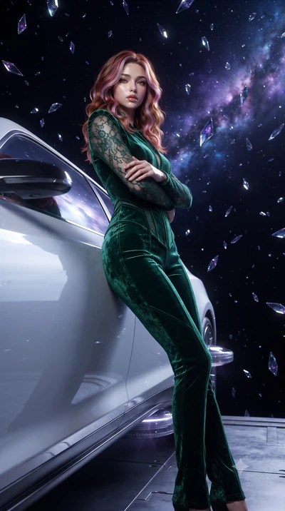 score_9, masterpiece, best quality, ultra-detailed, High-budget Anime Keyframe, editorial fashion photography, tasteful artistic composition, realistic cosplay photography, Caucasian woman, strictly human ears. Low angle cowboy shot filling the entir