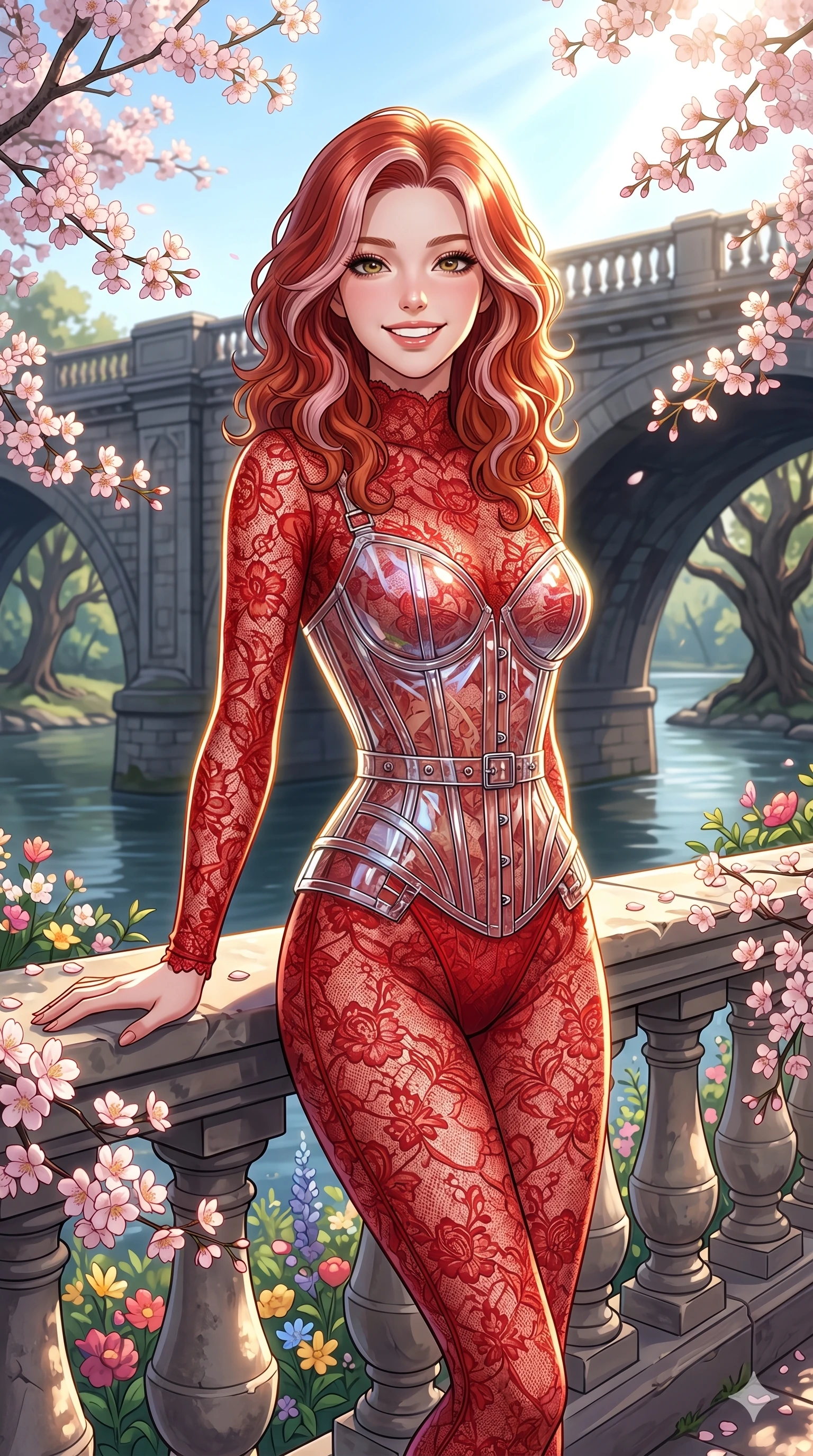score_9, masterpiece, best quality, ultra-detailed, high-budget anime keyframe, vibrant anime aesthetic, Caucasian woman, strictly human ears. cowboy shot from the thighs up, character and outfit filling the frame for maximum presence. She is leaning on a terrace rail, looking at the viewer with a bright, joyful smile on an elegant stone bridge under spring blooms (Code-P20-173). She has an absolutely perfect 8-heads proportion, an exceptionally tall and slender female figure with impossibly long slender legs and an ultra-slim waist. V-shaped jawline, high-bridge nose, intricate jewel-like eyes with depth, thick eyelashes, glossy lips with a natural sheen. wearing a transparent vinyl corset over a red lace suit. She is bathed in brilliant, high-contrast sunlight with a single golden line tracing her profile. 2k, ultra detail, master piece, 9:16 ratio