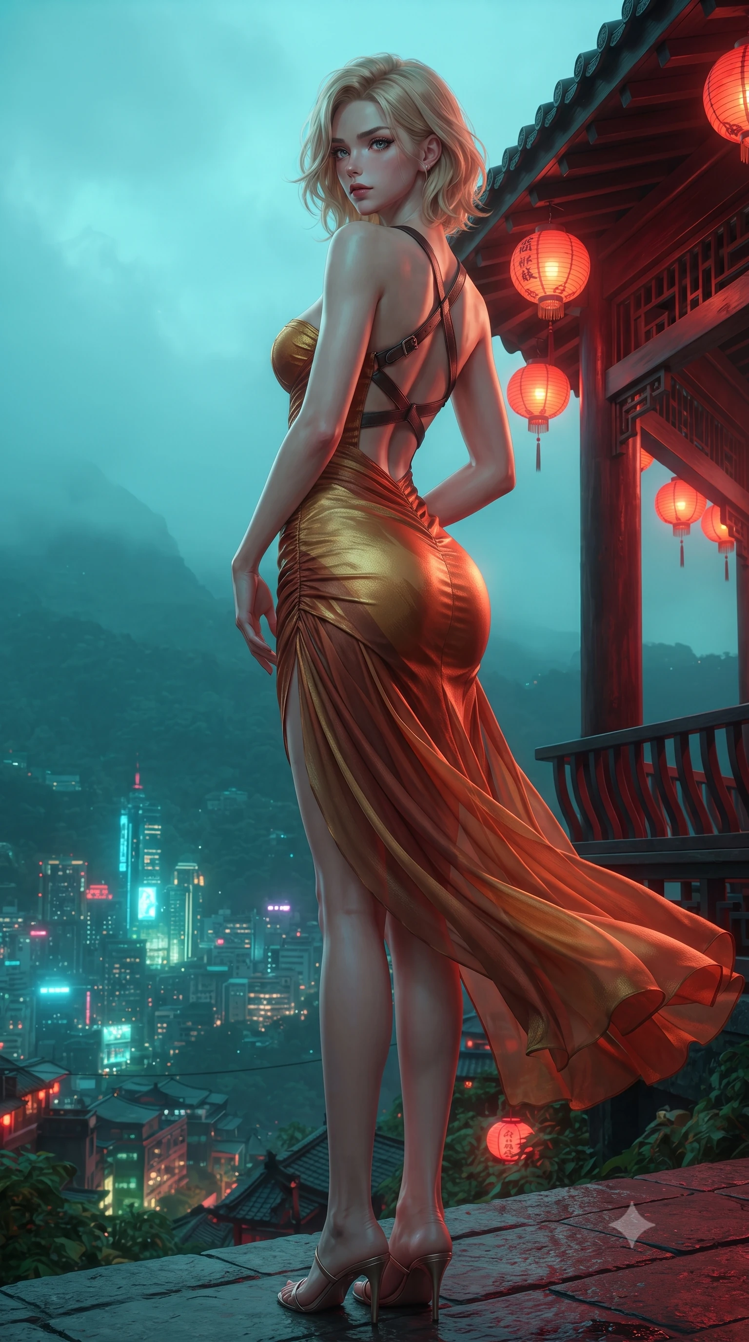 score_9, masterpiece, best quality, ultra-detailed, high-budget anime keyframe, editorial fashion photography, tasteful artistic composition, Caucasian woman. low angle full-body shot from head to toe showing her feet, filling the entire 9:16 vertical frame with her statuesque presence, stretching her vertical silhouette. posing with back turned slightly to the lens, glancing back with smoldering allure as she arches her lower back to emphasize her sculpted feminine hips and slender waist while twisting her slender torso in an alluring contrapposto stance beside a traditional tea pavilion, the cybernetic mountain metropolis glowing in the emerald valley below. The surrounding environment is rendered in vivid detail and crisp panoramic clarity. detailed dress fabric sheen, neon reflection clarity, and futuristic Jiufen mountain architecture in high resolution. She has an exceptionally tall and slender model-like 8.5-heads proportion, an ultra-slim waist, a flat toned midriff, narrow delicate ribcage, and beautifully sculpted feminine hips creating a graceful, slim hourglass silhouette without any bulky heaviness, with impossibly long slender legs. sharp v-shaped jawline, high-bridge nose, intricate jewel-like eyes with depth, thick eyelashes, glossy parted lips with a natural sheen, intensely captivating and seductive bedroom-eyes expression, flawlessly proportioned anatomical accuracy, strict slender model proportions, natural body alignment, perfectly sculpted long slender limbs, ultra-slim waistline, clean dynamic posture without body distortion. wearing an ultra-fitted strapless bustier midi dress with side hip ruching and exposed spine in molten desert gold and burnt terracotta, woven from layered gossamer chiffon with a weightless sweeping drape, featuring an open-back criss-cross harness strap in dark leather, the second-skin form-contouring cut accentuating her sculpted flat midriff, narrow delicate ribcage, and gracefully curvy hips with supermodel precision. bathed in rich crimson and amber lantern underlights contrasting with cool cyan mountain mist ambient fill. ultra-reflective glossy finish, specular highlights, rich textural contrasts, high-contrast stereoscopic depth, volumetric dynamic lighting, 2k, ultra detail, master piece, 9:16 ratio
