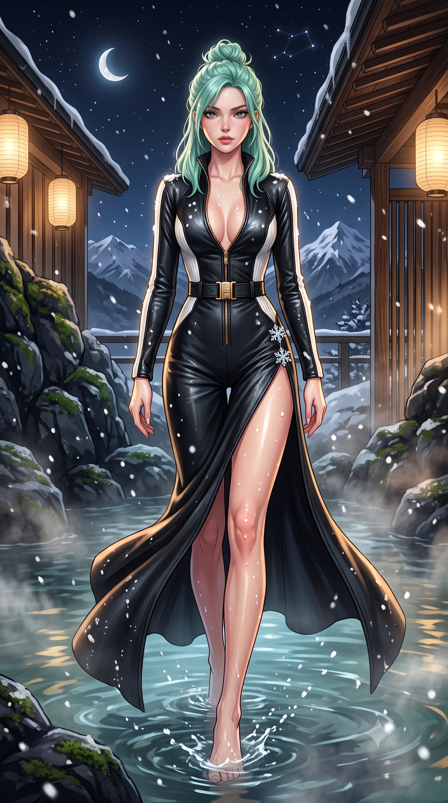 score_9, masterpiece, best quality, ultra-detailed, high-budget anime keyframe, semi-realistic 3D game render, editorial fashion photography, tasteful artistic composition, Japanese woman. low angle full-body shot from head to toe showing her feet, filling the entire 9:16 vertical frame with her statuesque presence, stretching her vertical silhouette. striding forward in a proud, dynamic supermodel runway stride, hips swaying in an alluring kinetic rhythm that stretches her silhouette while wading through the steaming thermal mineral pool, arching her spine in pure pleasure as snowflakes melt on her glowing skin. The surrounding environment is rendered in vivid detail and crisp panoramic clarity. atmospheric nocturnal thermal chiaroscuro and private mountain hot-spring luxury in precision. She has an absolutely perfect, statuesque 8.5-heads proportion, an exceptionally tall and slender model-like female figure with impossibly long slender legs, a toned flat midriff, and an ultra-slim waist. sharp v-shaped jawline, high-bridge nose, intricate jewel-like eyes with depth, thick eyelashes, glossy parted lips with a natural sheen, intensely captivating and seductive expression, flawlessly proportioned anatomical accuracy, strict slender model proportions, natural body alignment, perfectly sculpted long slender limbs, ultra-slim waistline, clean dynamic posture without body distortion. wearing a sleek black ski-couture jumpsuit with an open-neck front zipper and golden waist buckle in high-contrast black ski leather and arctic white, knitted from ultra-soft fine Mongolian cashmere with body-contouring ribbing, accented with an ultra-high side slit secured by crystal snowflake clasps, the sweeping couture drape swaying majestically with her steps, accentuating her tall statuesque limbs and slender waistline. illuminated by wet specular highlights accentuating her slender neckline, sculpted waist, and curves. highly saturated vibrant anime colors, detailed shading with soft gradients, rich glossy textures, high-contrast stereoscopic depth, volumetric dynamic lighting, master piece, 9:16 ratio