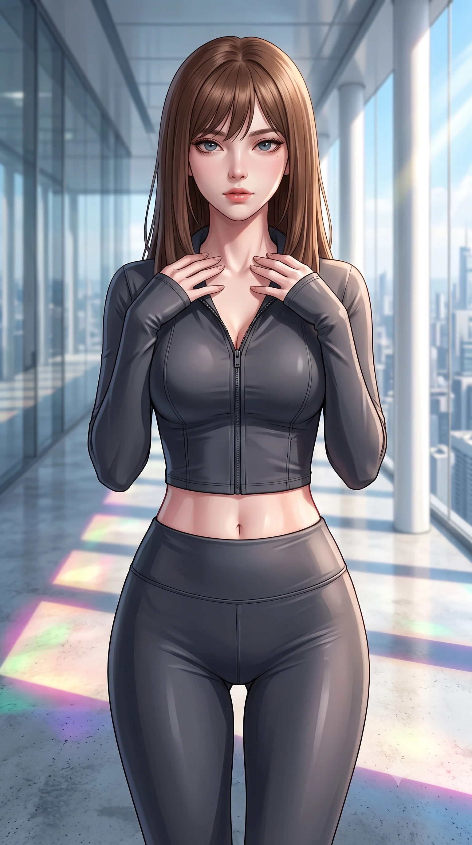 score_9, masterpiece, best quality, ultra-detailed, high-budget anime keyframe, editorial fashion photography, tasteful artistic composition, Korean woman. close-up cowboy shot from the waist and thighs up, the character dominates the composition, filling the frame with her large presence, background elements kept in soft focus. standing in a relaxed, elegant posture with both hands resting lightly on her collarbone, looking at the viewer with bedroom-eyes, the background shows a soft-focus a glass bridge cleanroom veranda with white columns overlooking a high-tech city. She has an exceptionally elegant, slender, and willowy female figure with an ultra-slim waist, a gracefully sculpted slender torso, and a refined silhouette. sharp v-shaped jawline, high-bridge nose, intricate jewel-like eyes with depth, thick eyelashes, glossy lips with a natural sheen. wearing a body-hugging body-hugging high-neck activewear set of a zipped long-sleeve crop top and matching leggings in carbon-grey. bright morning sun rays creating fresh and energetic shadows on the concrete. highly saturated vibrant anime colors, detailed shading with soft gradients, rich glossy textures, high-contrast stereoscopic depth, volumetric dynamic lighting, master piece, 9:16 ratio