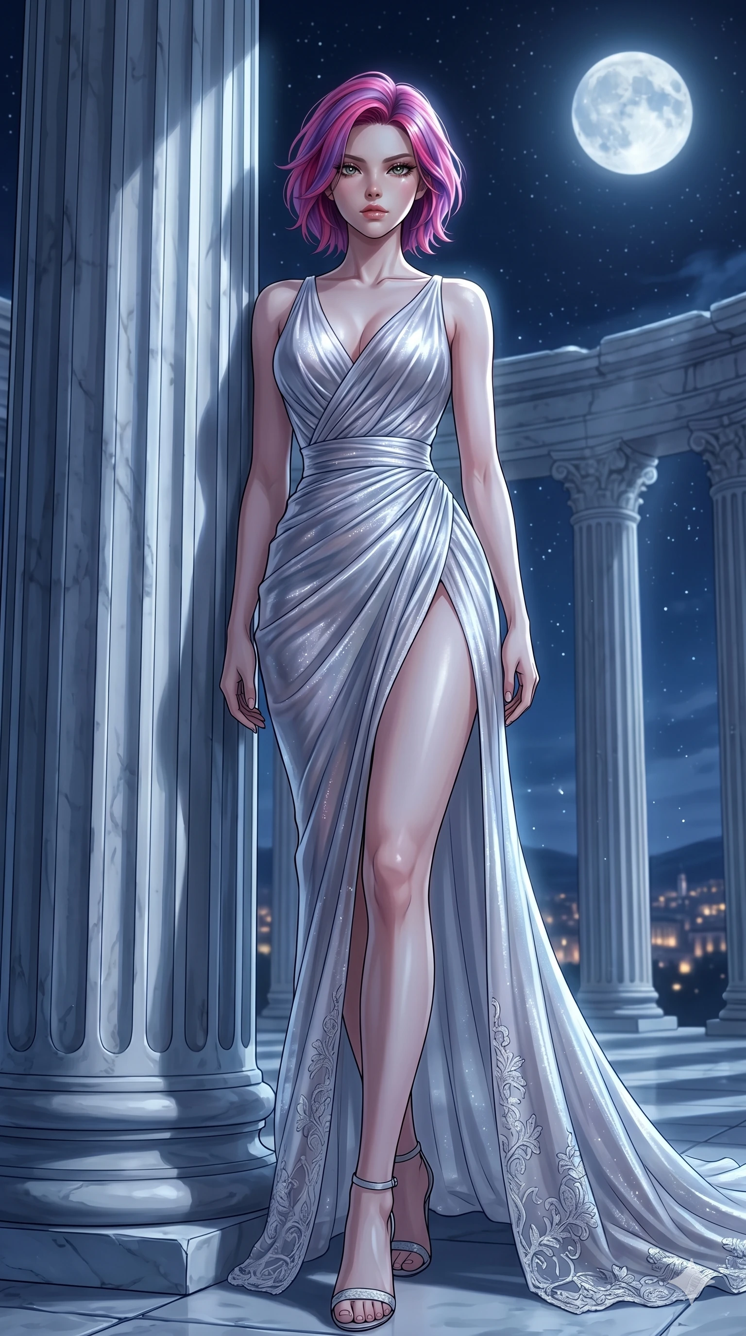 score_9, masterpiece, best quality, ultra-detailed, High-budget Anime Keyframe, East Asian woman. Low angle cowboy shot filling the entire 9:16 frame with her statuesque presence. Scenario 63: Leaning against a cold marble pillar in a moonlit greek temple. Her presence is magnetic and overpowering in this high-budget anime scene. Outfit 63: A shimmering chiffon liquid with a thigh-high slit and delicate lace embroidery. The clothing is designed to emphasize her exceptionally tall and slender 8-heads proportion. 8-heads proportion, towering silhouette, ultra-slim waist. sharp v-shaped jawline, intricate jewel-like eyes with depth, thick eyelashes, glossy lips. 2k, ultra detail, master piece, 9:16 ratio