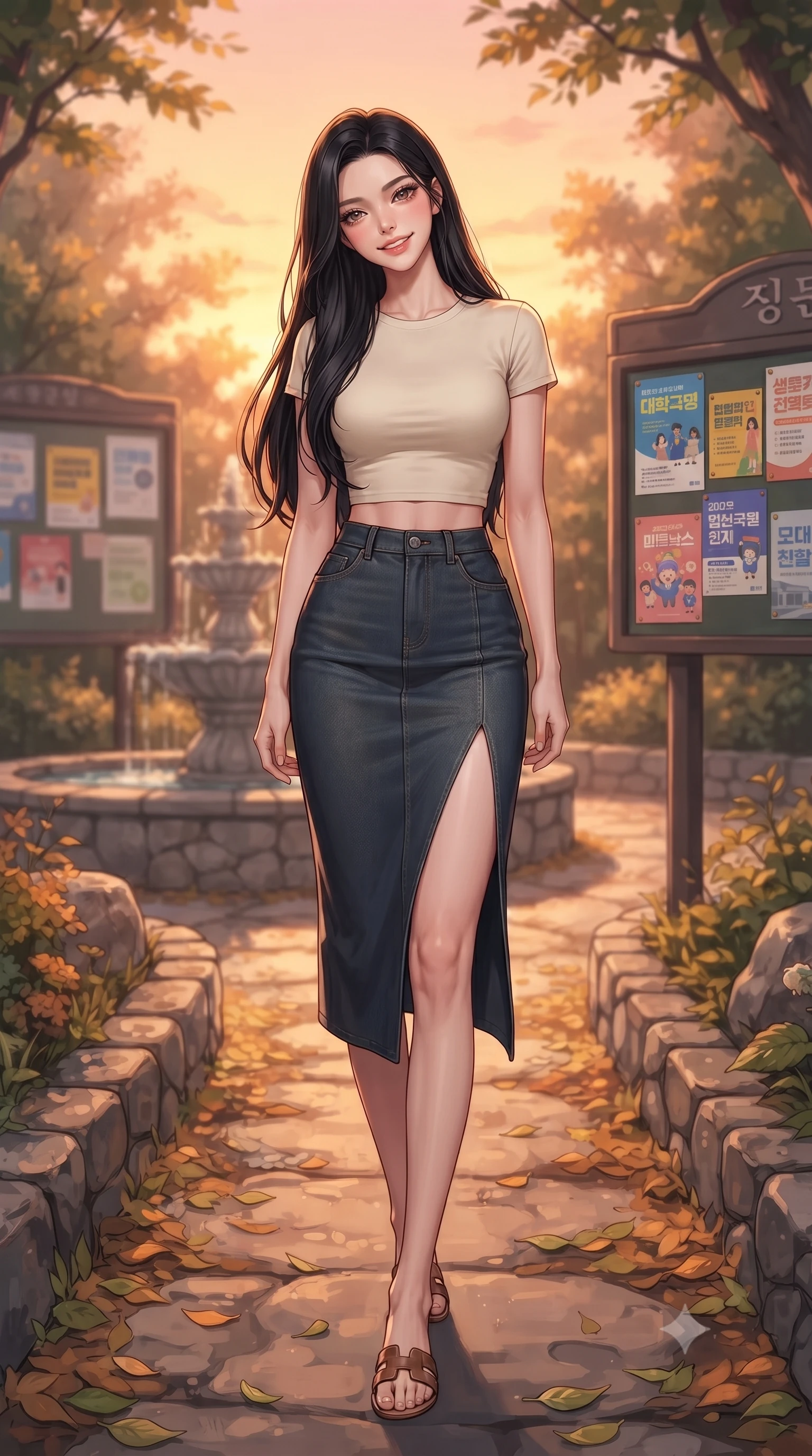 score_9, masterpiece, best quality, ultra-detailed, high-budget anime keyframe, editorial fashion photography, tasteful artistic composition, Korean woman. low angle full-body shot from head to toe showing her feet, filling the entire 9:16 vertical frame with her statuesque presence, stretching her vertical silhouette. standing with a cute, bright pose, tilting her head with a beaming smile set against a soft-focus background of walking down a leafy pathway of a quiet university garden with stone fountains with colorful college flyers and posters decorating the bulletin boards behind her. She has an absolutely perfect, statuesque 8.5-heads proportion, an exceptionally tall and slender model-like female figure with impossibly long slender legs and an ultra-slim waist. sharp v-shaped jawline, high-bridge nose, intricate jewel-like eyes with depth, thick eyelashes, glossy lips with a natural sheen. wearing slim-fit modern crop top tee in cream, paired with a high-slit denim midi skirt. golden hour sunset light casting a peaceful, cozy orange wash across the lawns. highly saturated vibrant anime colors, detailed shading with soft gradients, rich glossy textures, high-contrast stereoscopic depth, volumetric dynamic lighting, master piece, 9:16 ratio