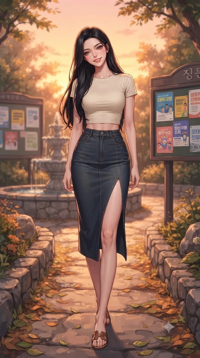score_9, masterpiece, best quality, ultra-detailed, high-budget anime keyframe, editorial fashion photography, tasteful artistic composition, Korean woman. low angle full-body shot from head to toe showing her feet, filling the entire 9:16 vertical f