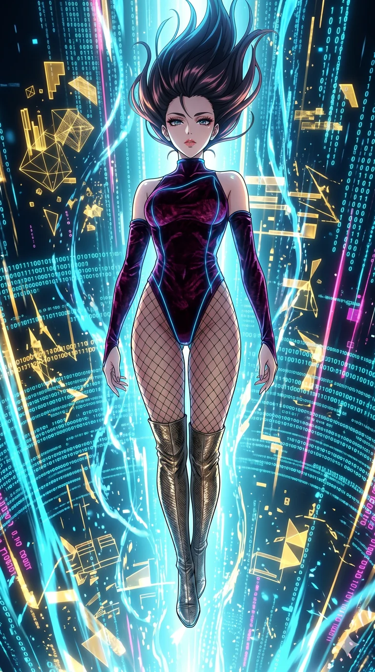 score_9, masterpiece, best quality, ultra-detailed, High-budget Anime Keyframe, vibrant colors, fluid line-art, expressive lighting, cinematic composition, Ufotable-style visual effects, top-tier animation quality, Japanese woman with delicate and elegant anime-inspired features. Dramatic low angle looking up at her majestic stature, dominating the vertical space of the composition. Diving into a vast sea of digital code and liquid light, her form becoming one with the stream of information. She has an absolutely perfect 8-heads proportion, an exceptionally tall and slender female figure with impossibly long slender legs and an ultra-slim waist, her statuesque height and towering silhouette dominating the vertical 9:16 frame. Her face is a masterpiece featuring a sharp v-shaped jawline, high-bridge nose, intricate jewel-like eyes with depth, thick eyelashes, and glossy lips with a natural sheen. She is wearing a Asymmetrical high-cut tech-bodysuit with detached sleeves and glowing fiber-optic seams crafted from Crushed dark velvet with a deep, rich texture that absorbs light and glows at the edges, accompanied by sensual fishnet stockings and thigh-high metallic boots. The scene is set in an abstract digital void with floating golden geometric shapes and rivers of flowing code, illuminated by dynamic strobe effects that capture her movement in a series of sharp fragments. 2k, ultra detail, master piece, 9:16 ratio