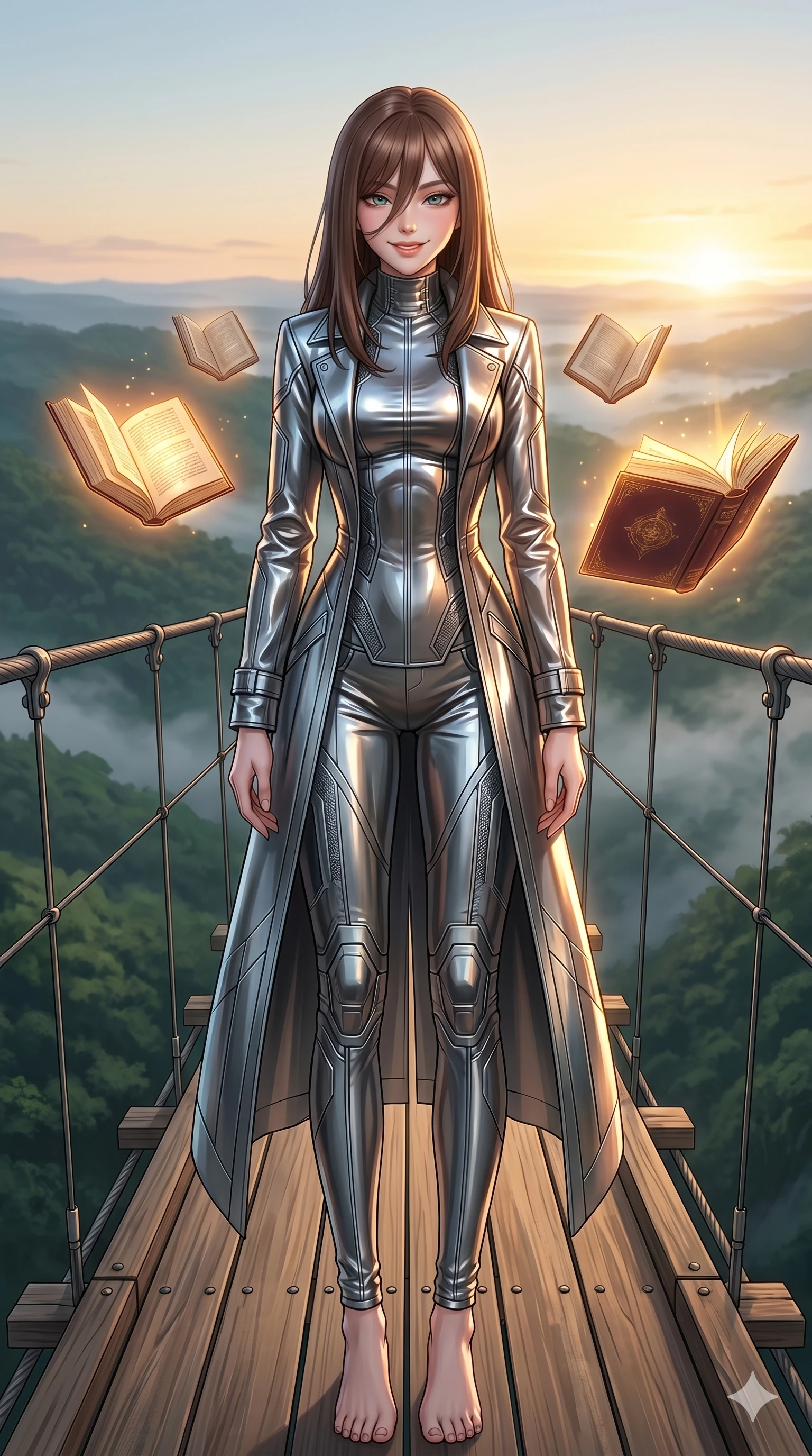 score_9, masterpiece, best quality, ultra-detailed, high-budget anime keyframe, editorial fashion photography, tasteful artistic composition, Korean woman. low angle full-body shot from head to toe showing her feet, filling the entire 9:16 vertical frame with her statuesque presence, stretching her vertical silhouette. tilting her head with a playful, teasing smile, letting a lock of hair fall over her jewel-like eyes on a wooden suspension bridge overlooking a misty green valley at dawn (Code-P18-027). She has an absolutely perfect 8-heads proportion, an exceptionally tall and slender female figure with impossibly long slender legs and an ultra-slim waist. V-shaped jawline, high-bridge nose, intricate jewel-like eyes with depth, thick eyelashes, glossy lips with a natural sheen. wearing a futuristic high-neck metallic trench coat with matching long pants. warm golden light emanating from the floating books, casting rich shadows on her face. 2k, ultra detail, master piece, 9:16 ratio