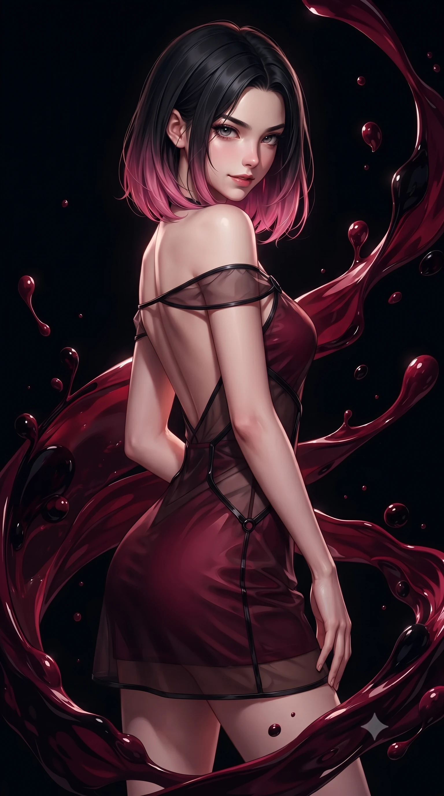 score_9, masterpiece, best quality, ultra-detailed, high-budget anime keyframe, editorial fashion photography, tasteful artistic composition, Korean woman. close-up cowboy shot from the waist and thighs up, the character dominates the composition, filling the frame with her large presence, background elements kept in soft focus. Glancing sidelong over her shoulder with a smoldering, enigmatic half-smile, standing surrounded by zero-gravity swirls of dark crimson and obsidian liquid paint, rich glossy paint textures contrasting sharply against pitch-black air. She has an exceptionally elegant, slender, and willowy female figure with an ultra-slim waist, a gracefully sculpted slender torso, and a refined silhouette. sharp v-shaped jawline, high-bridge nose, intricate jewel-like eyes with depth, thick eyelashes, glossy lips with a natural sheen. wearing backless liquid vinyl mini slip dress with bare shoulder neckline in deep crimson burgundy, made of sheer dark organza overlay, adorned with minimalist black onyx hardware framing the silhouette, contouring every curve with an exceptionally elegant silhouette. lit by single intense key ray accentuating liquid paint contours. highly saturated vibrant anime colors, detailed shading with soft gradients, rich glossy textures, high-contrast stereoscopic depth, volumetric dynamic lighting, master piece, 9:16 ratio