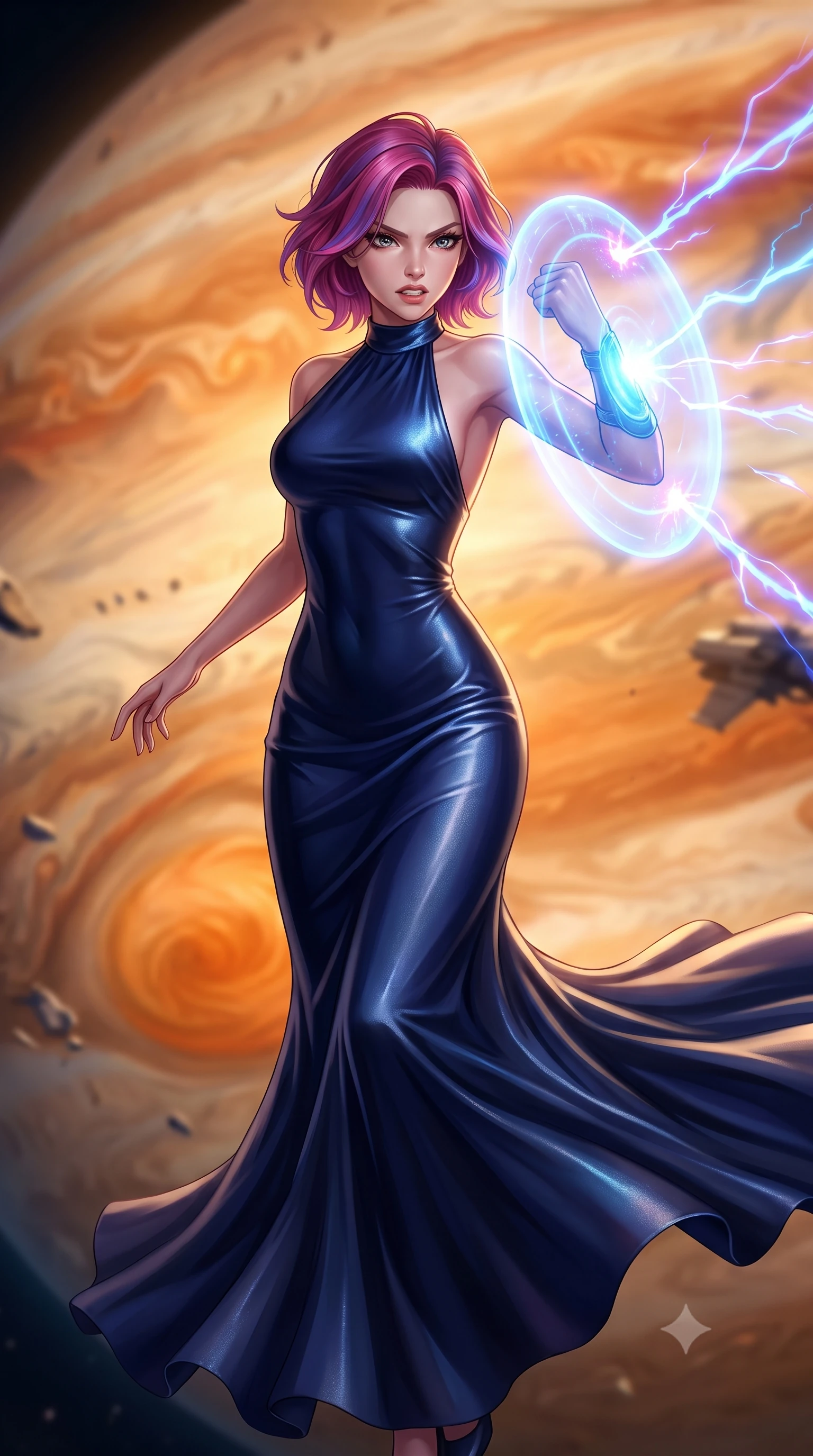 score_9, masterpiece, best quality, ultra-detailed, high-budget anime keyframe, editorial fashion photography, tasteful artistic composition, Caucasian woman, strictly human ears. close-up cowboy shot from the waist and thighs up, the character dominates the composition, filling the frame with her large presence, background elements kept in soft focus. Deflecting incoming plasma bolts with a glowing energy shield attached to her forearm, teeth grit in determination. set against a soft-focus background of floating in low orbit of a gas giant, massive storm bands and swirling vortexes visible on the planet surface. She has an exceptionally elegant and slender, willowy female figure with an ultra-slim waist, a gracefully sculpted slender torso, and a refined slim physique. sharp v-shaped jawline, high-bridge nose, intricate jewel-like eyes with depth, thick eyelashes, glossy lips with a natural sheen. wearing the lightweight fabric rippling and billowing dramatically with her movement, a form-contouring elegant bodycon evening gown in midnight blue silk with a subtle metallic sheen, featuring a high halter collar and a floor-sweeping silhouette. highly saturated vibrant anime colors, intense vivid color palette, soft 3D volumetric shading, volumetric dynamic lighting, warm orange planet-shine illuminating the scene with a soft gold wash. 2k, ultra detail, master piece, 9:16 ratio