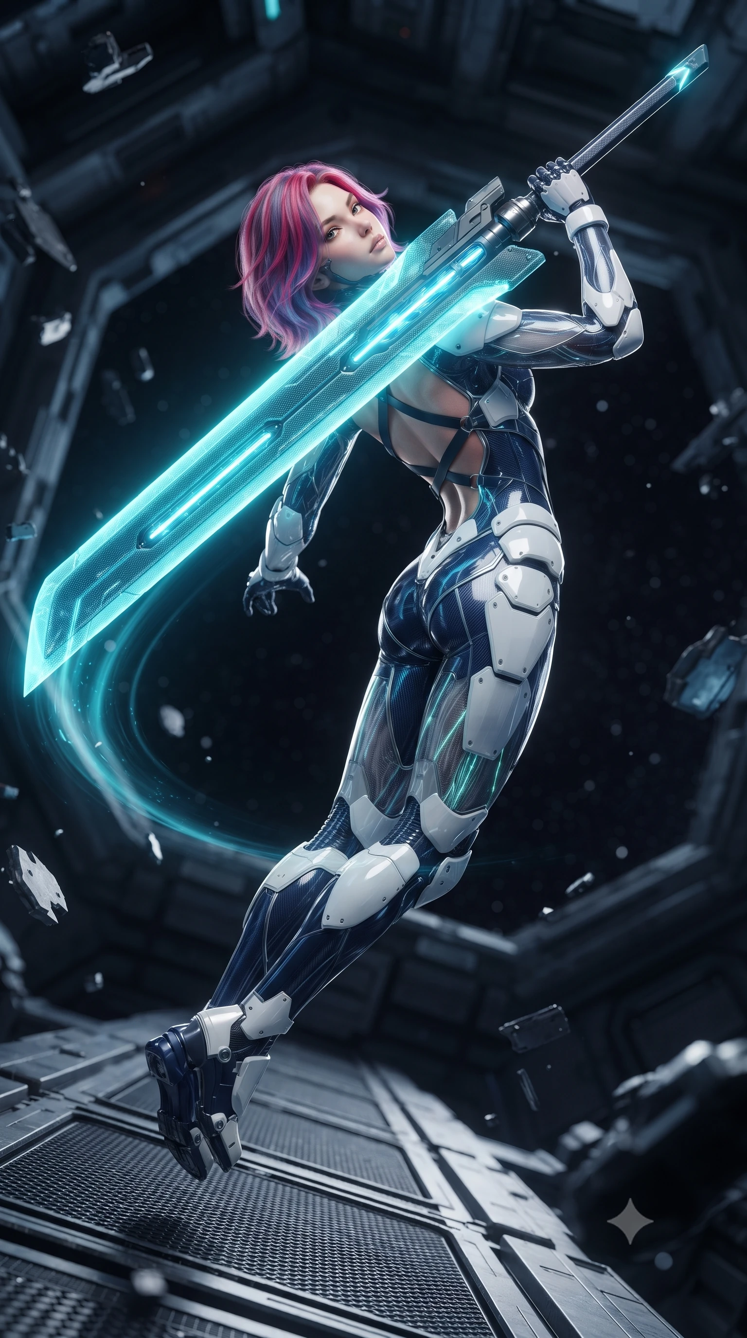 score_9, masterpiece, best quality, ultra-detailed, high-budget anime keyframe, editorial fashion photography, tasteful artistic composition, Caucasian woman. low angle full-body shot from head to toe showing her feet, filling the entire 9:16 vertical frame with her statuesque presence, stretching her vertical silhouette. arching her back gracefully in mid-air during a dynamic combat vault, her weapon energy trail framing her statuesque presence while pivoting dynamically on a magnetic catwalk as floating zero-gravity metal debris and starlight frame her statuesque silhouette. The surrounding environment is rendered in vivid detail and crisp panoramic clarity. sharp carbon-fiber rifle barrel weave, glowing blue railgun accelerator coils, and space station rivets in deep focus. She has an absolutely perfect, statuesque 8.5-heads proportion, an exceptionally tall and slender model-like female figure with impossibly long slender legs, a toned flat midriff, and an ultra-slim waist. sharp v-shaped jawline, high-bridge nose, intricate jewel-like eyes with depth, thick eyelashes, glossy lips with a natural sheen, flawlessly proportioned anatomical accuracy, strict slender model proportions, natural body alignment, perfectly sculpted long slender limbs, ultra-slim waistline, clean dynamic posture without body distortion. wearing a statuesque midnight cobalt carbon-fiber armor-suit with platinum trim and an ultra-slim waistline, resting a massive sleek high-frequency anti-material greatsword across her shoulder in glacial ice-cyan carbon mesh with pure white armor plates, crafted from semi-translucent cybernetic carbon-vinyl interwoven with glowing micro-filaments, complemented by criss-cross back harness straps highlighting her completely bare spine, the sleek second-skin cut tightly hugging her graceful clavicle, narrow waist, and feminine curves with athletic precision. illuminated by glowing cyan rifle charging lights and sharp specular highlights tracing her slender curves. ultra-reflective glossy finish, specular highlights, dark metallic sheen, high-contrast stereoscopic depth, volumetric dynamic lighting, 2k, ultra detail, master piece, 9:16 ratio