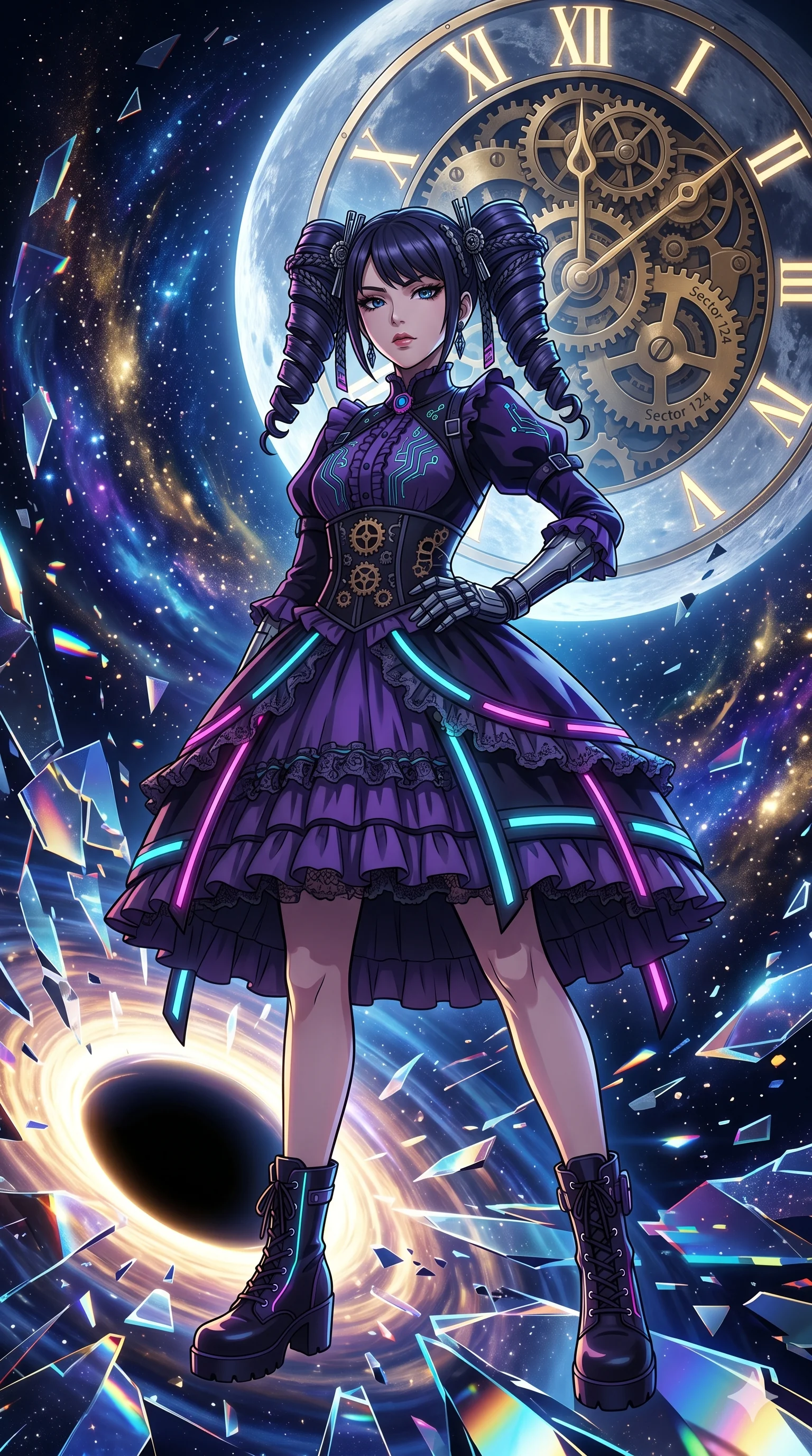 score_9, masterpiece, best quality, ultra-detailed, Set A: High-budget Anime Keyframe, Korean woman. Low angle cowboy shot filling the entire 9:16 frame with her statuesque presence. Theme: Historical Remix. shattering the fabric of reality in the edge of a black hole, with a massive clockwork moon ticking behind her as sector 124. The atmosphere is filled with a swirling vortex of stars. She has an absolutely perfect 8-heads proportion, an exceptionally tall and slender female figure with impossibly long slender legs and an ultra-slim waist. Sharp v-shaped jawline, high-bridge nose, intricate jewel-like eyes with depth, glossy lips. Wearing Gothic-lolita tech-dress with mechanical lace ruffles and glowing LED ribbons. Cinematic lighting, vivid colors, dramatic shadows, 2k, ultra detail, master piece, 9:16 ratio
